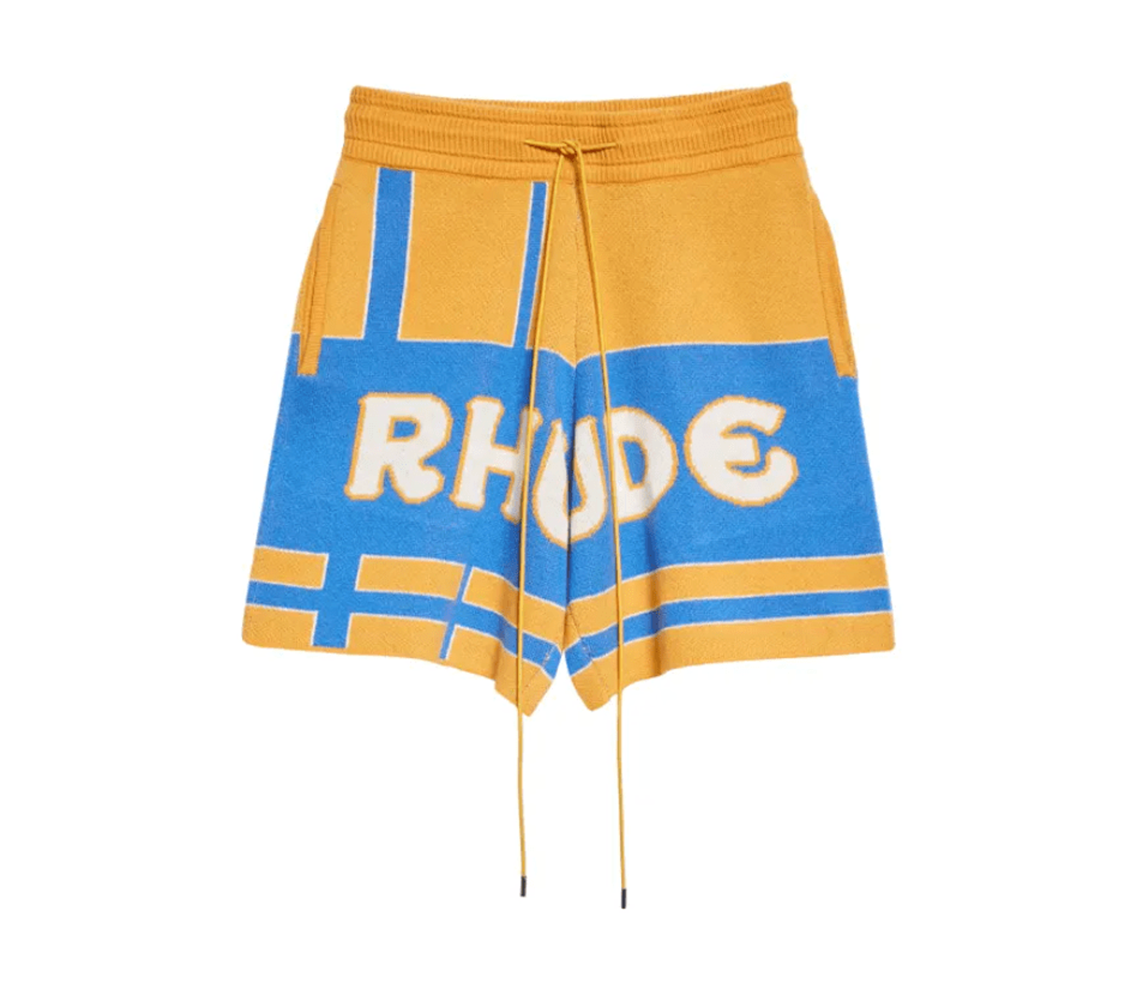 Rhude Palm Logo Colorblock Knit Shorts Mustard Blue