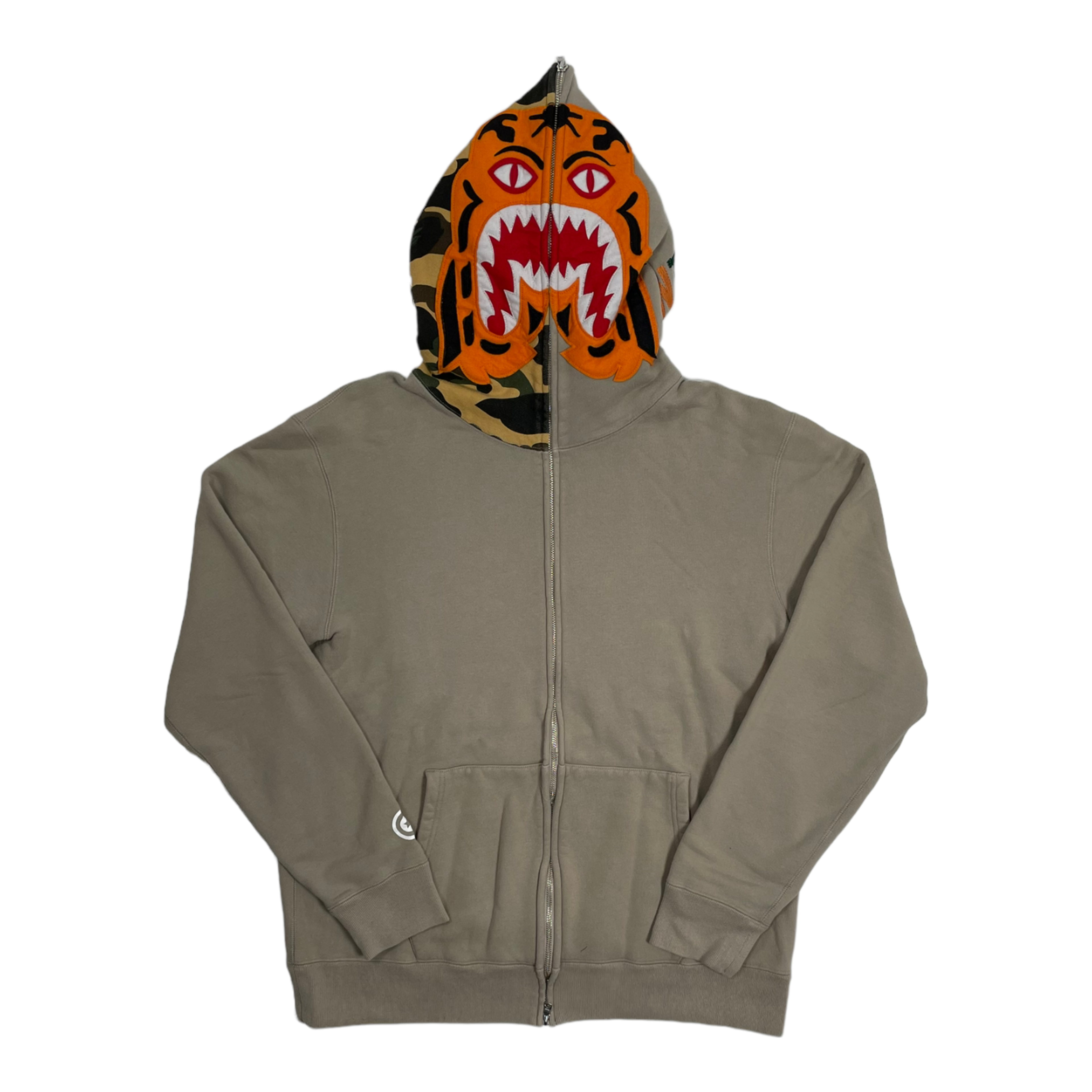 Bape Half Camo Tiger Full Zip Up Hooded Sweatshirt Beige Pre-Own
