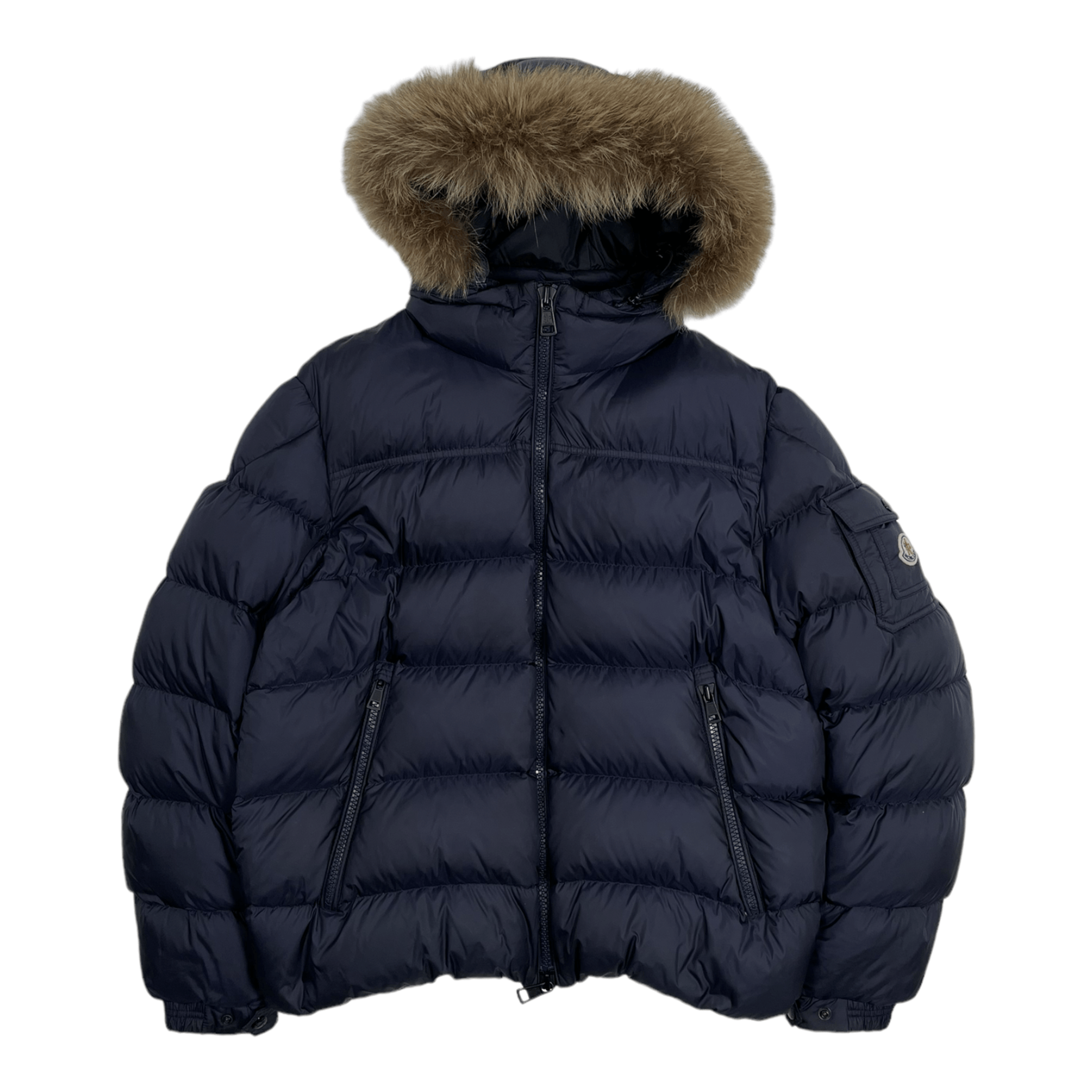 Moncler Marque Quilted Fur Lined Down Jacket Navy Pre-Owned