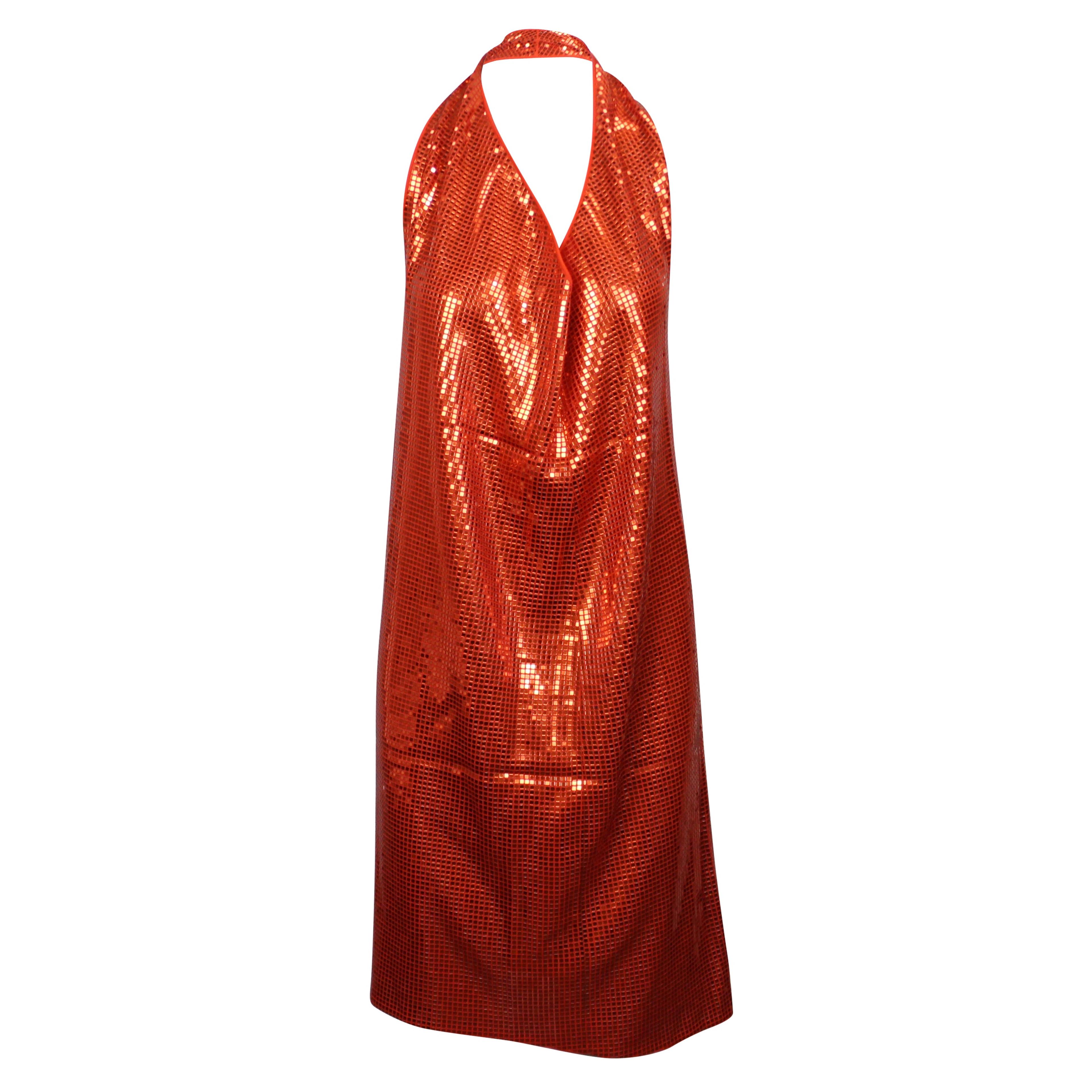 Orange Drape Halter Sequin Mid Dress