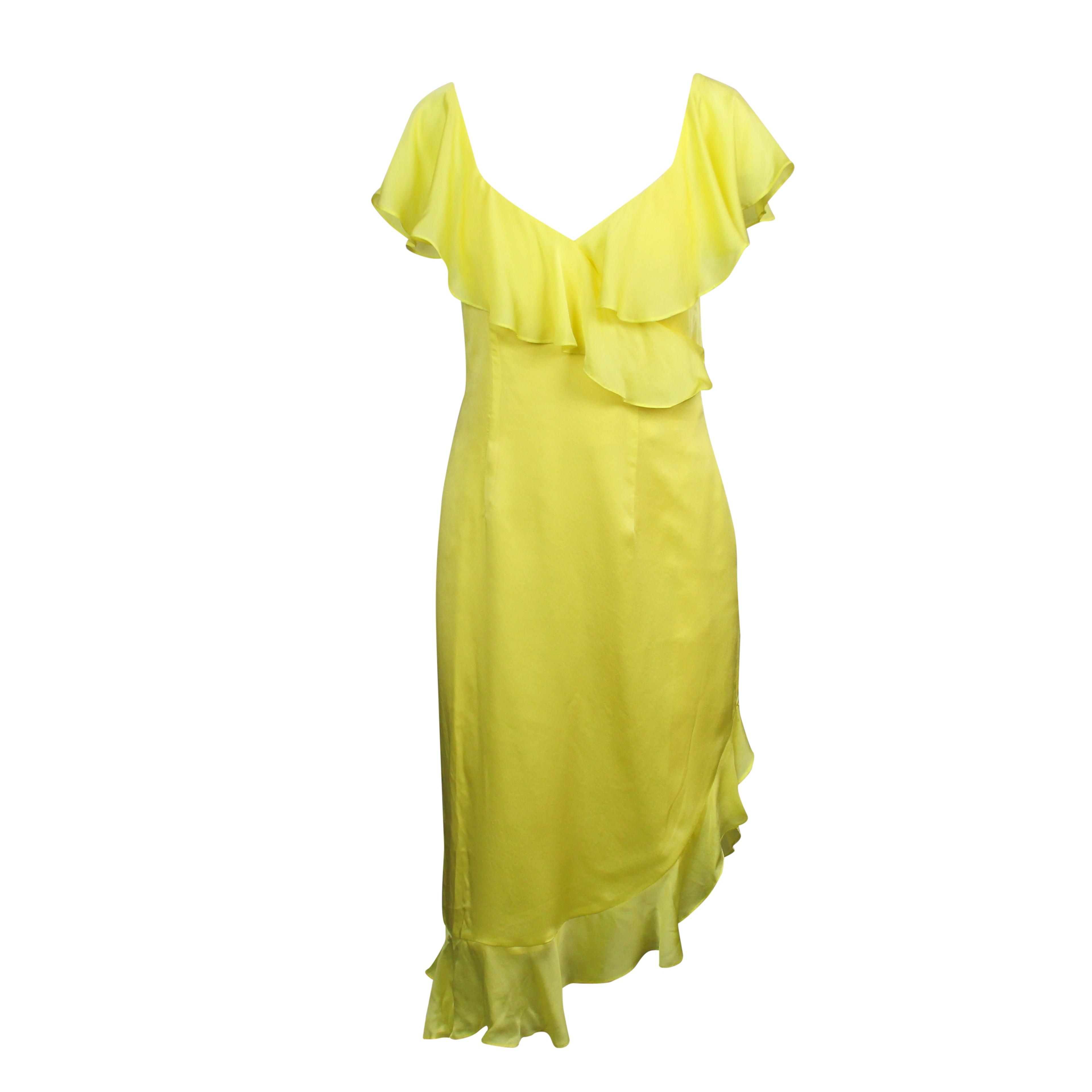 Yellow Silk Cascade Ruffle Sleeveless Dress