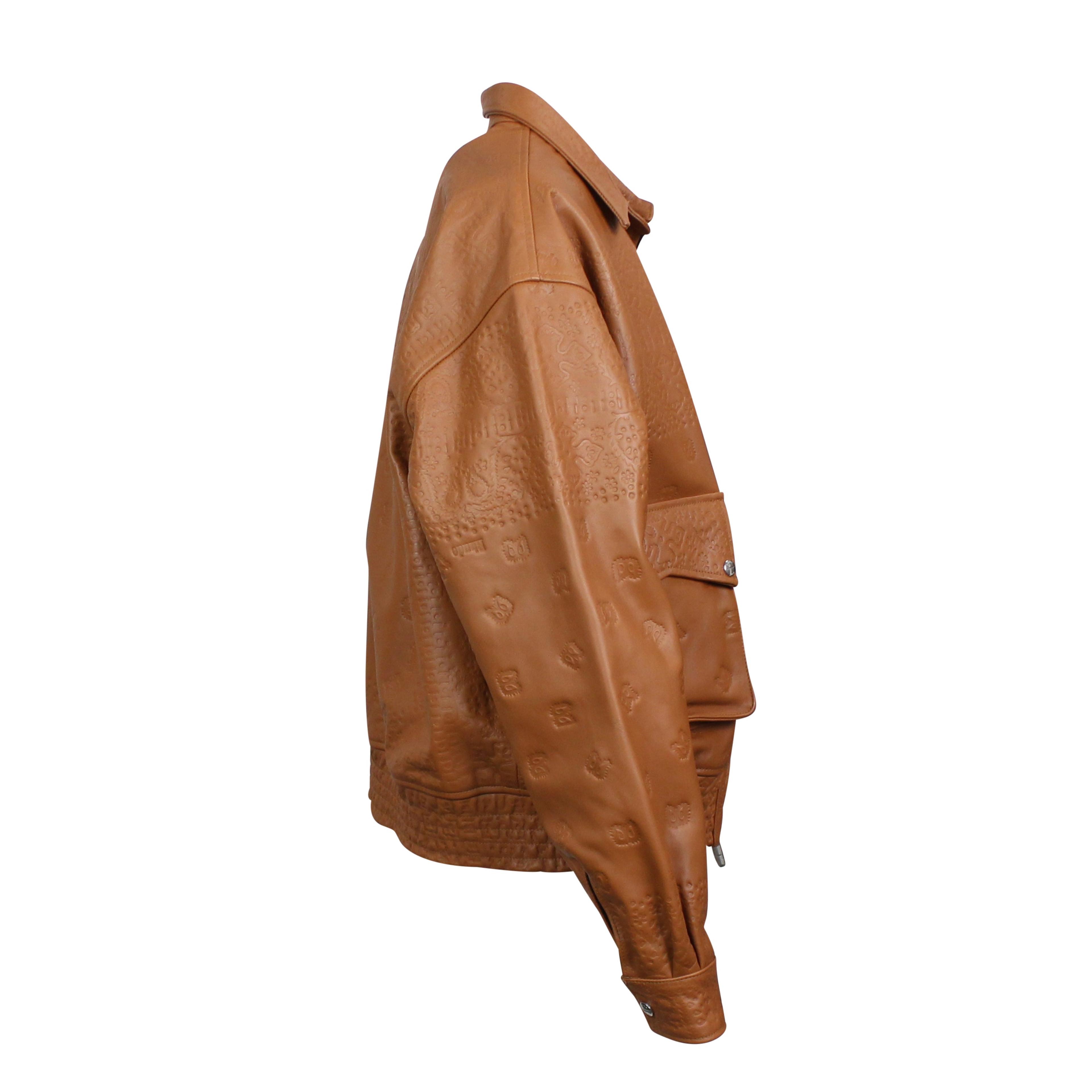 Alternate View 2 of Tan Brown Embossed Blouson Leather Suiting Jacket