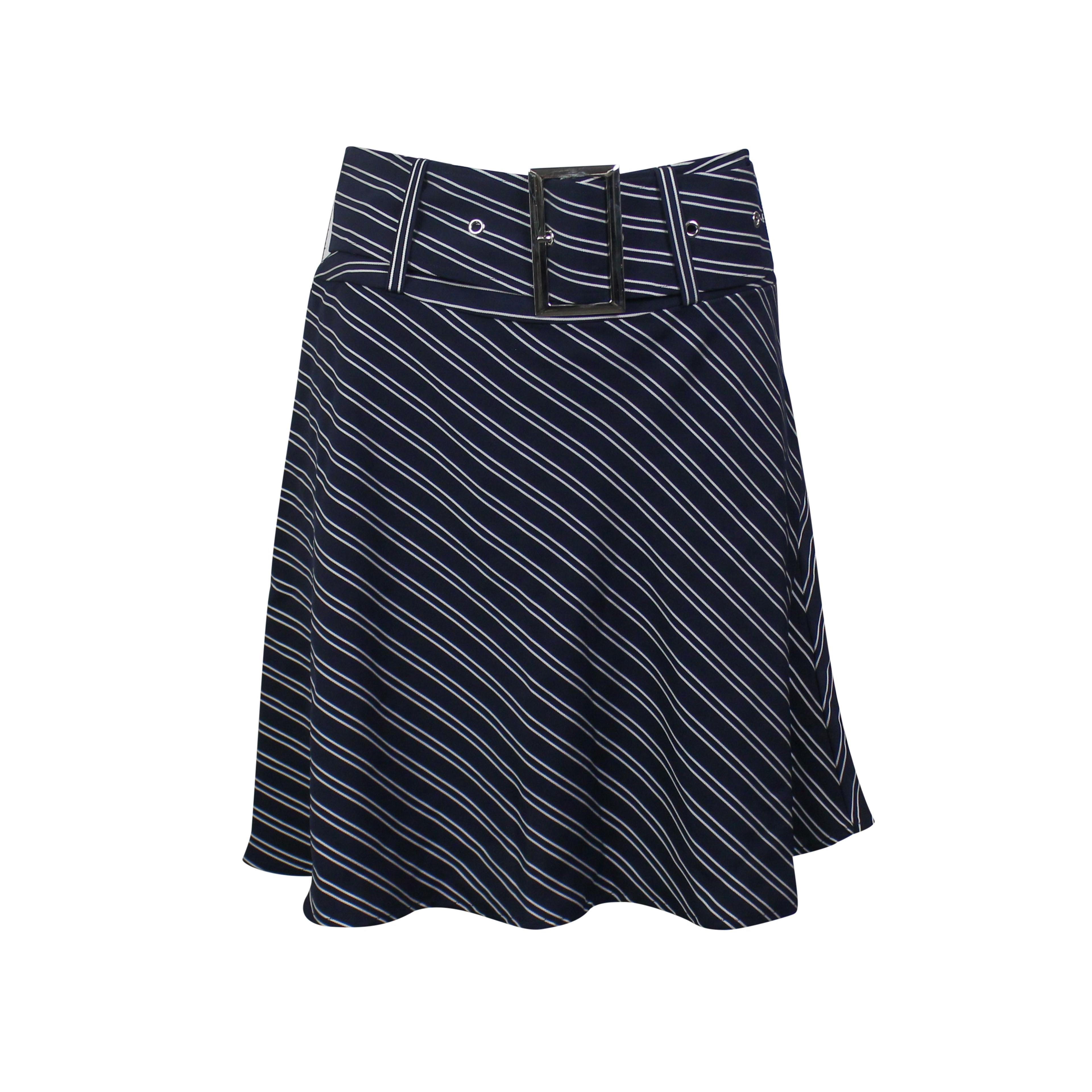 Navy Belted Striped Flare Mini Skirt