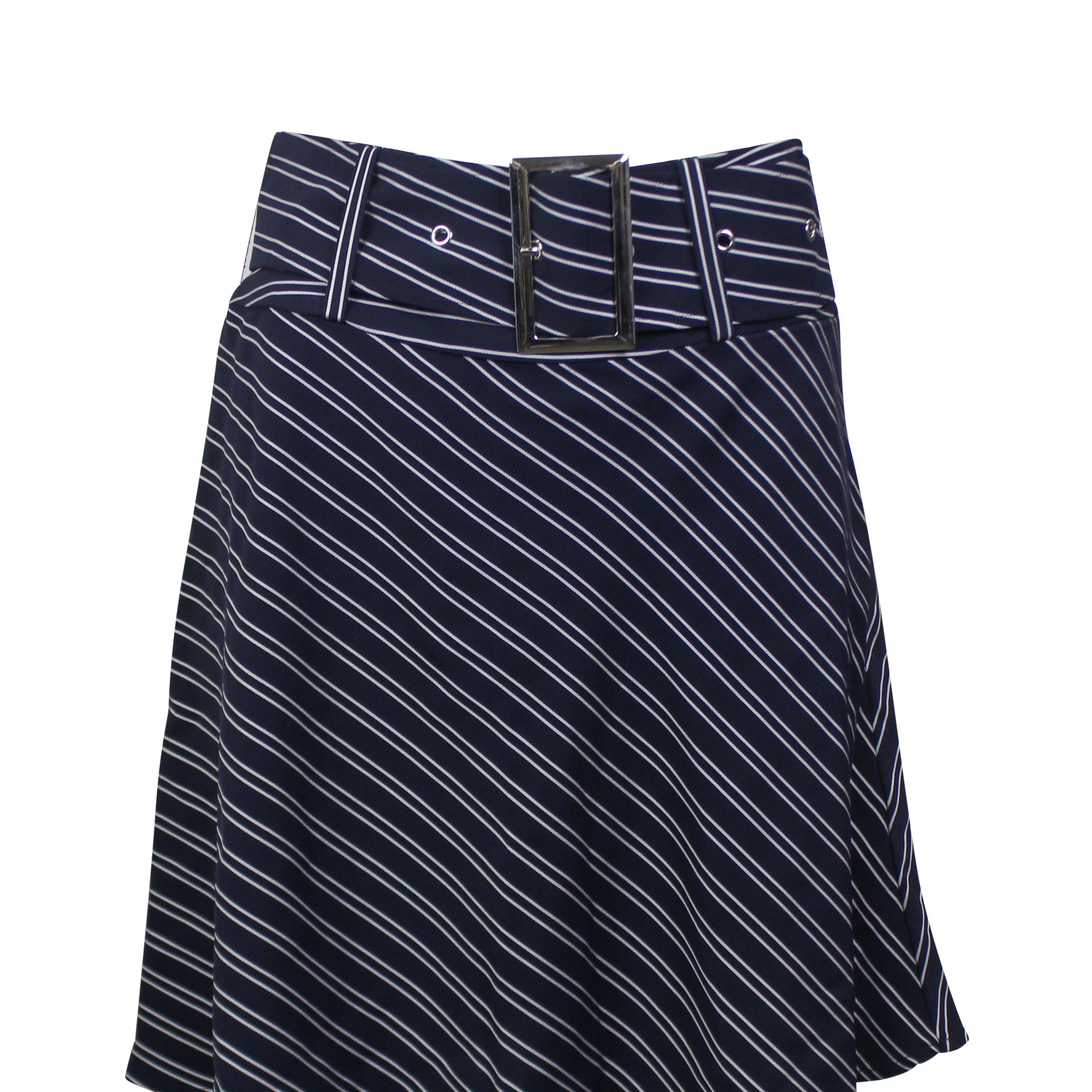 Alternate View 1 of Navy Belted Striped Flare Mini Skirt