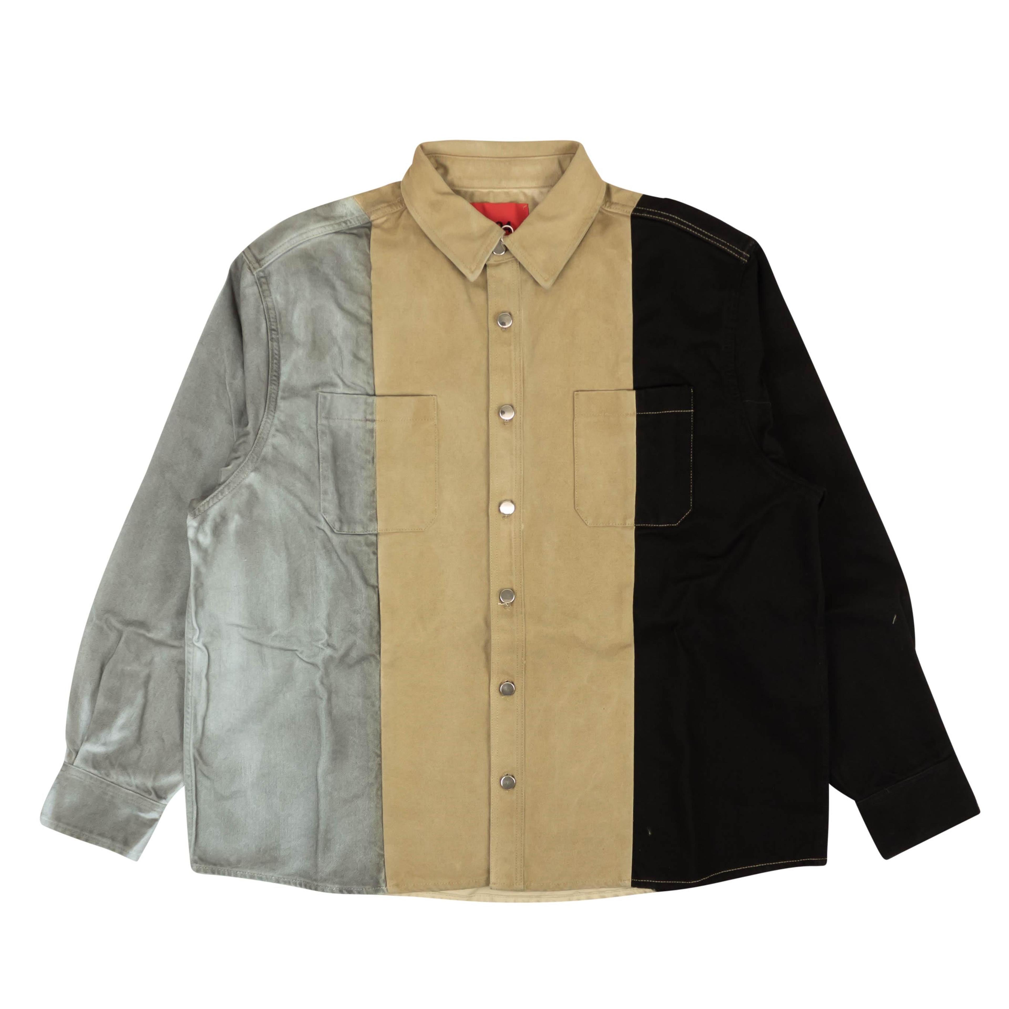 424 On Fairfax Oversized Colorblock Denim Shirt - Gray/Black/Bro