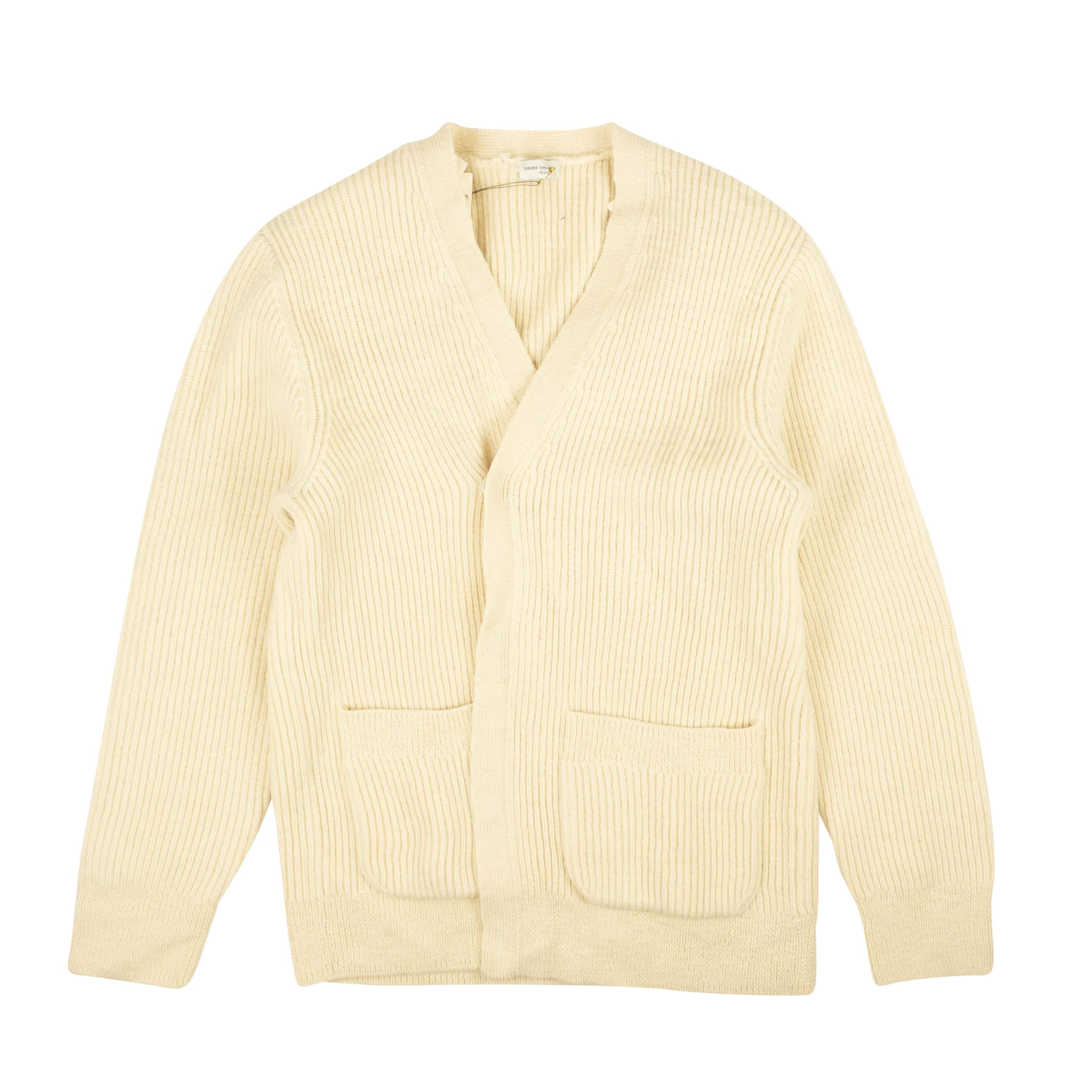 White Belted Ribbed Knit Wool Cardigan