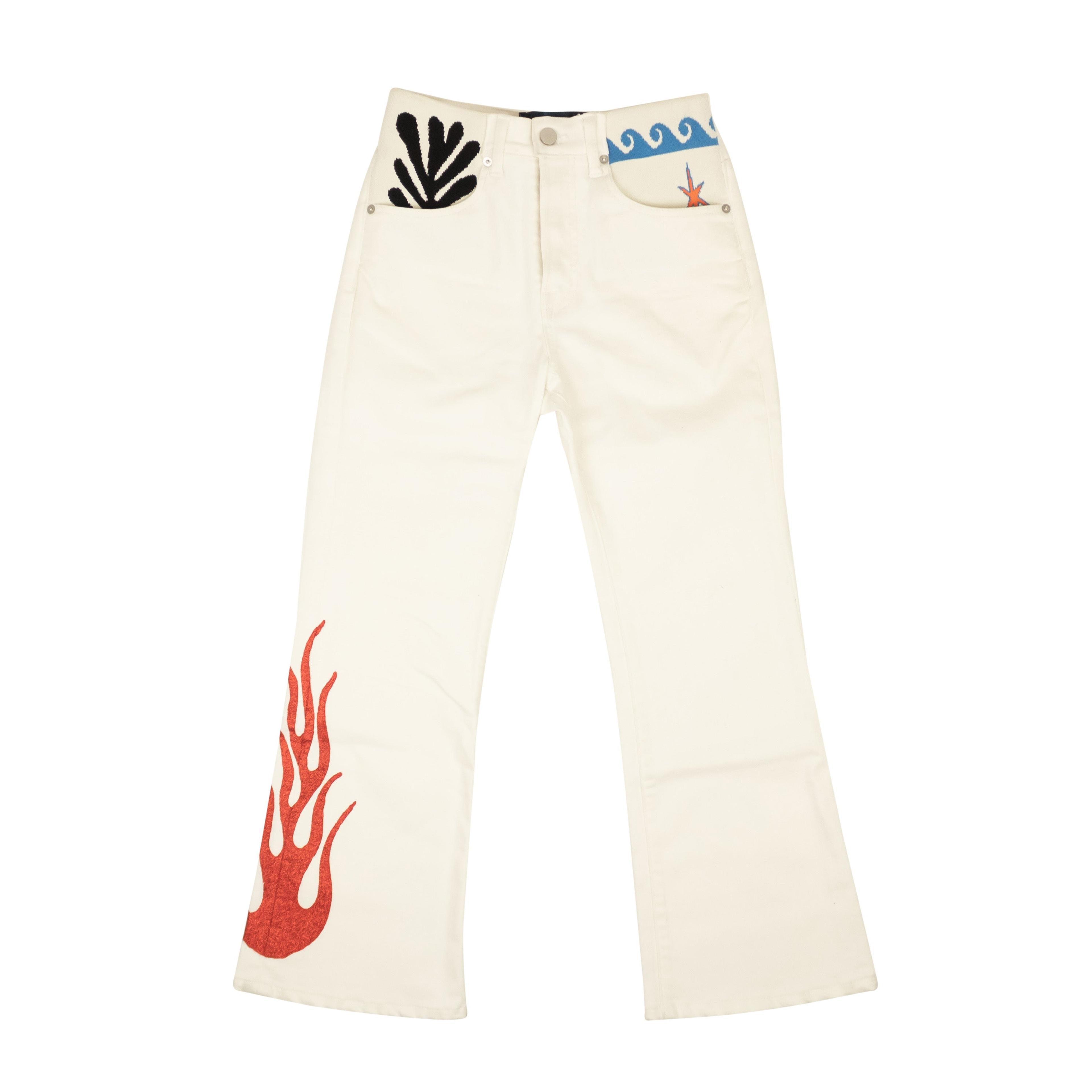 White Cotton Wave Flame Spandex Waist Jeans