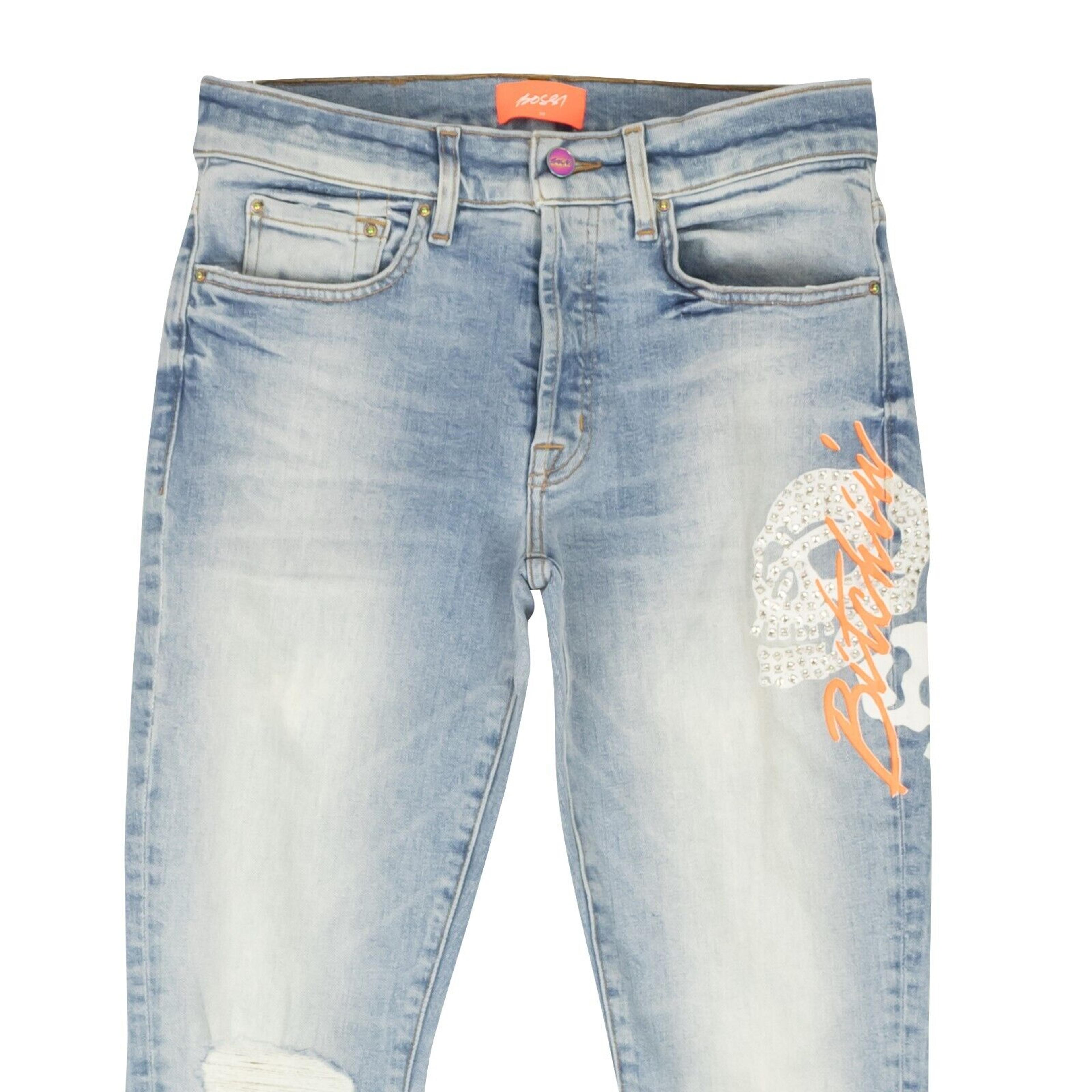 Alternate View 1 of Blue Cotton Embroidered Logo Slim-Fit Jeans