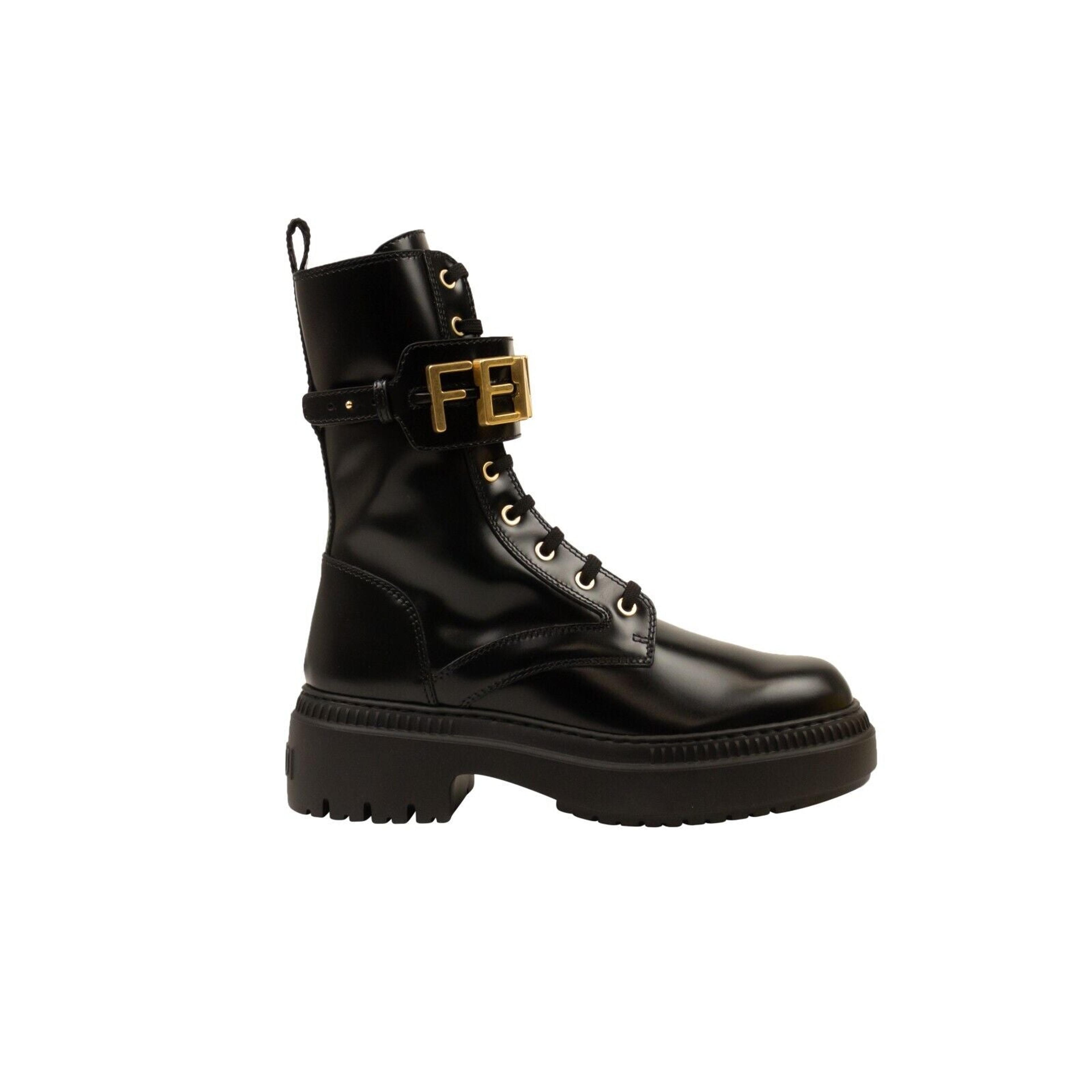 Black Leather Fendigraphy Combat Boots
