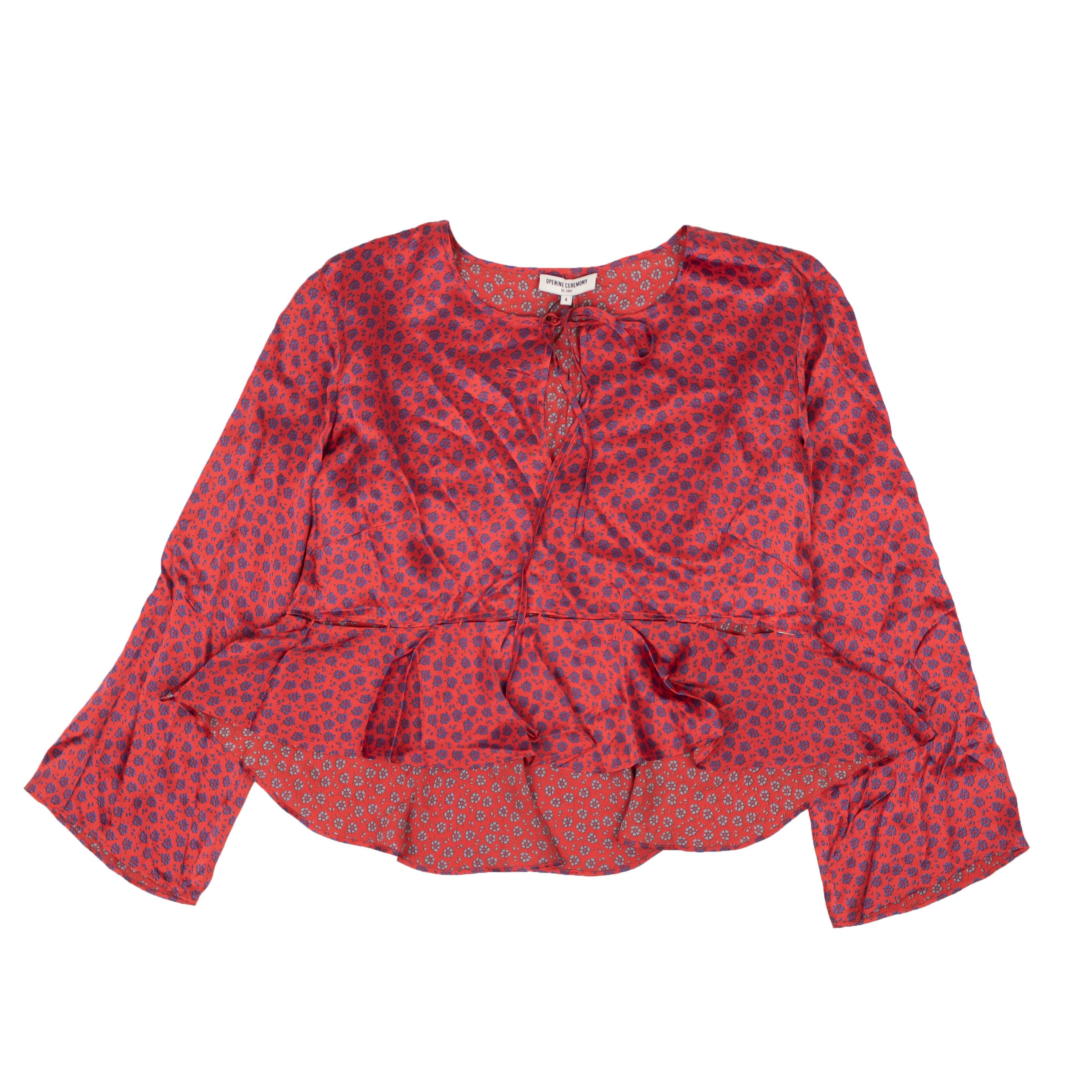 Red Silk Cropped Floral Flounce Blouse