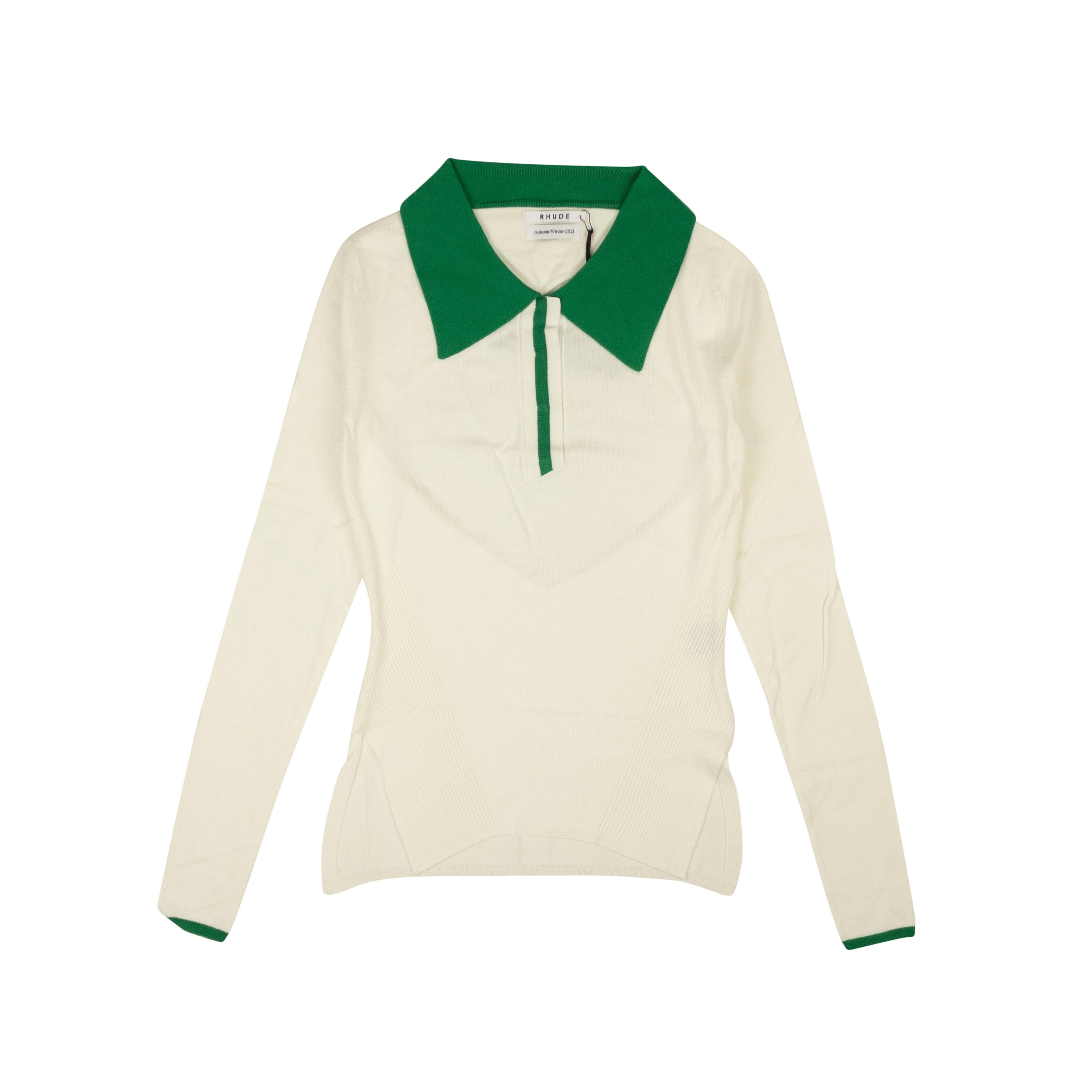 Cream And Green Viscose F-1 Long Sleeve Polo Shirt