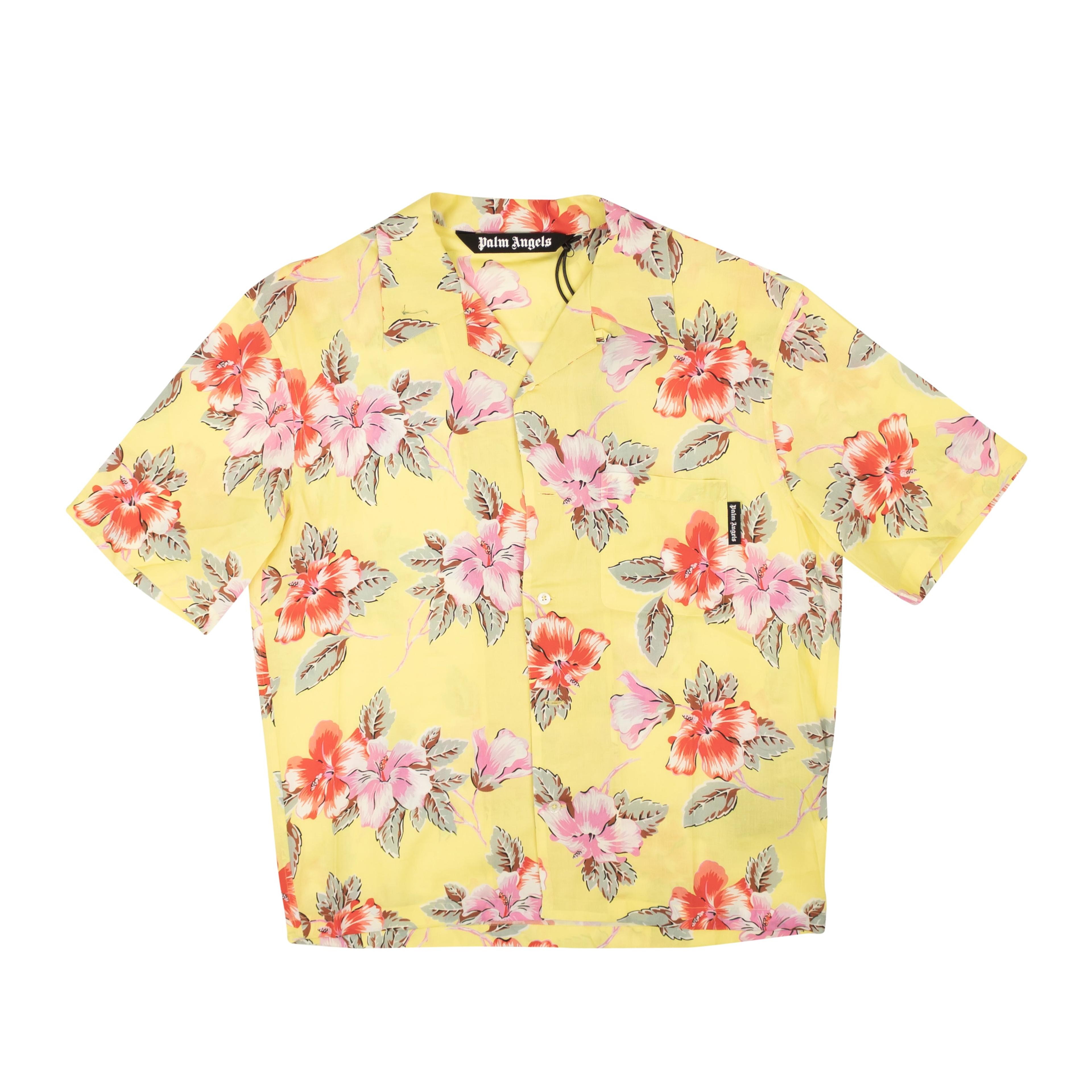 Yellow Hibiscus Print Button Down Bowling Shirt