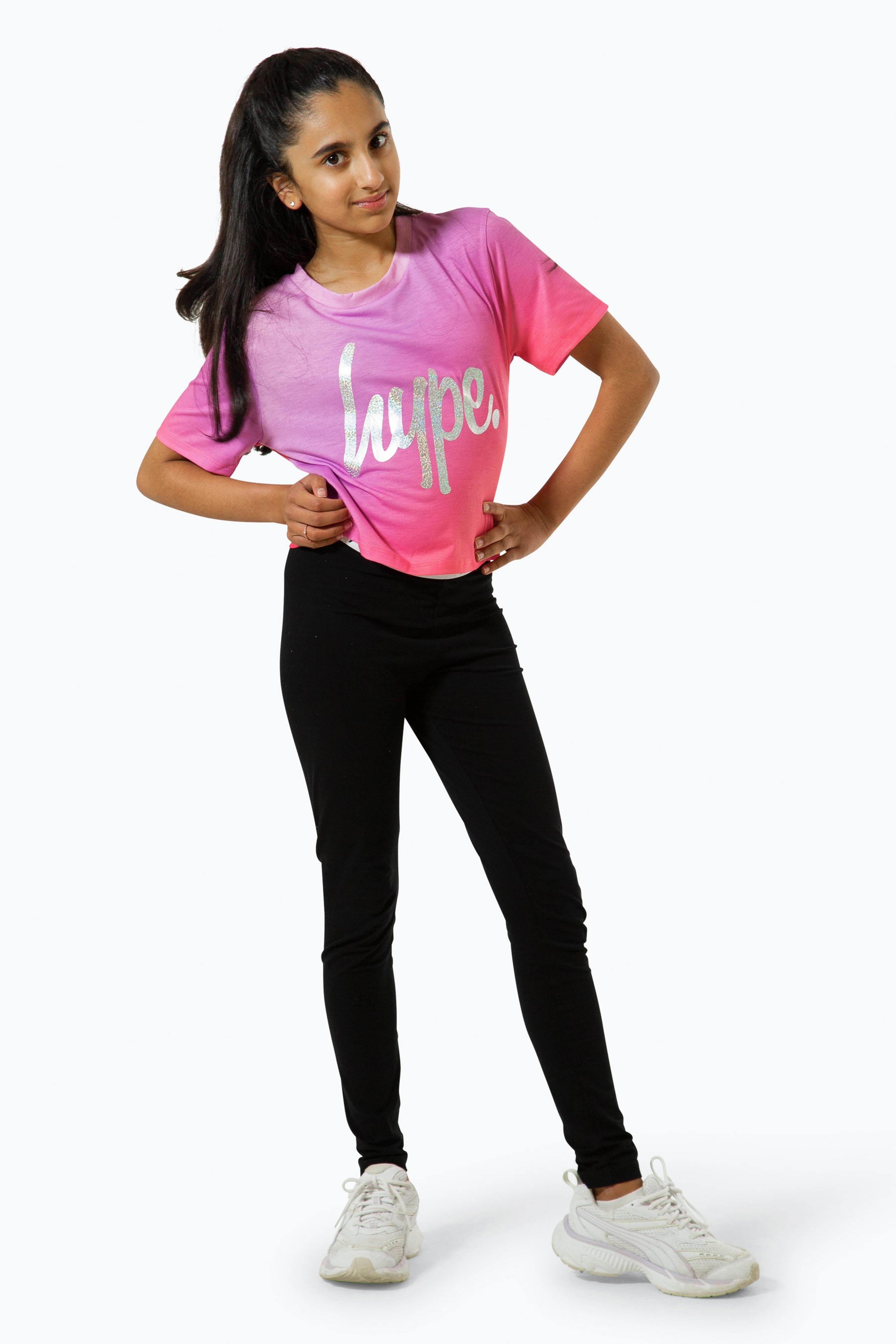 Alternate View 2 of HYPE GIRLS PINK FADE HOLOGRAPHIC SCRIPT CROPPED T-SHIRT