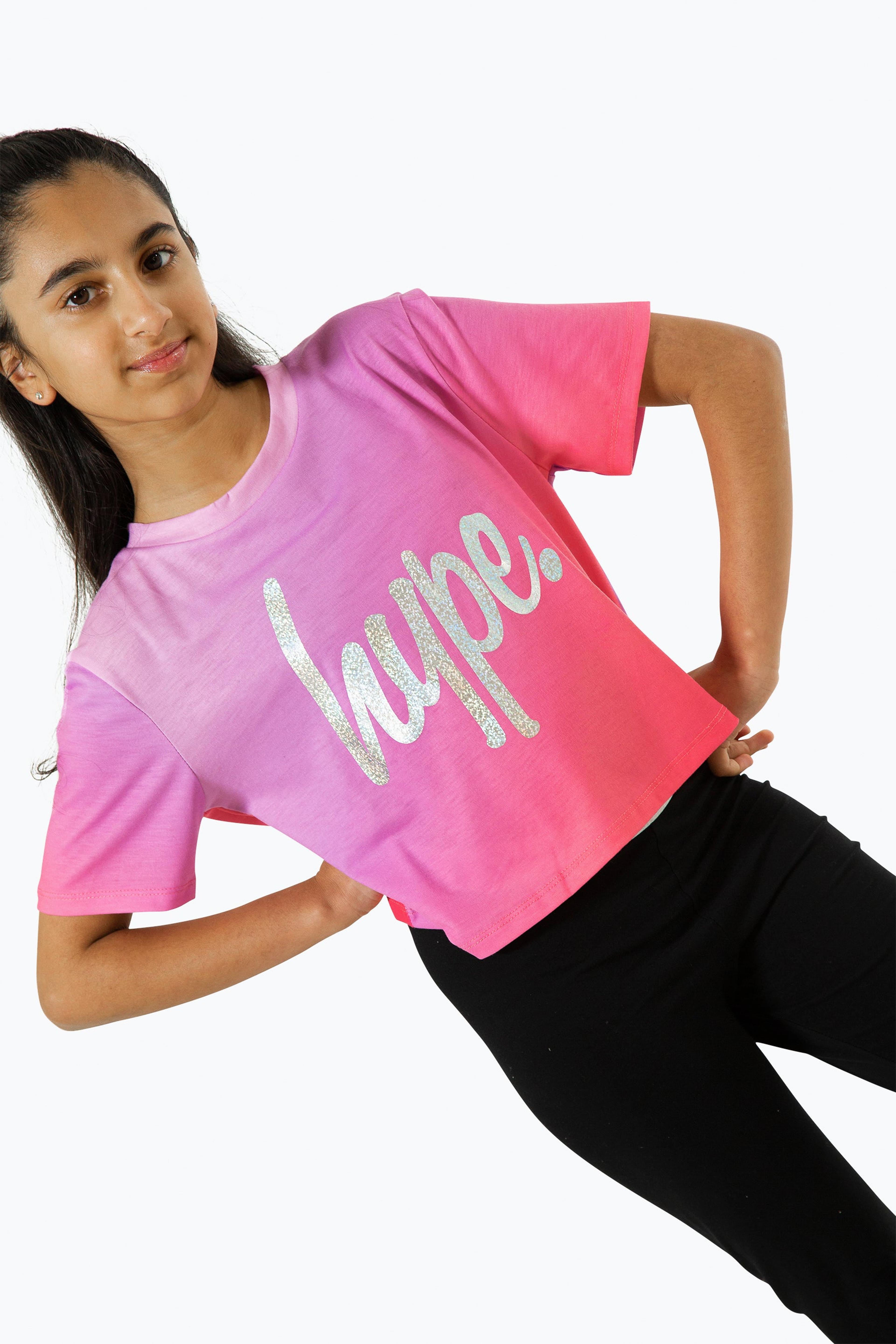 Alternate View 4 of HYPE GIRLS PINK FADE HOLOGRAPHIC SCRIPT CROPPED T-SHIRT