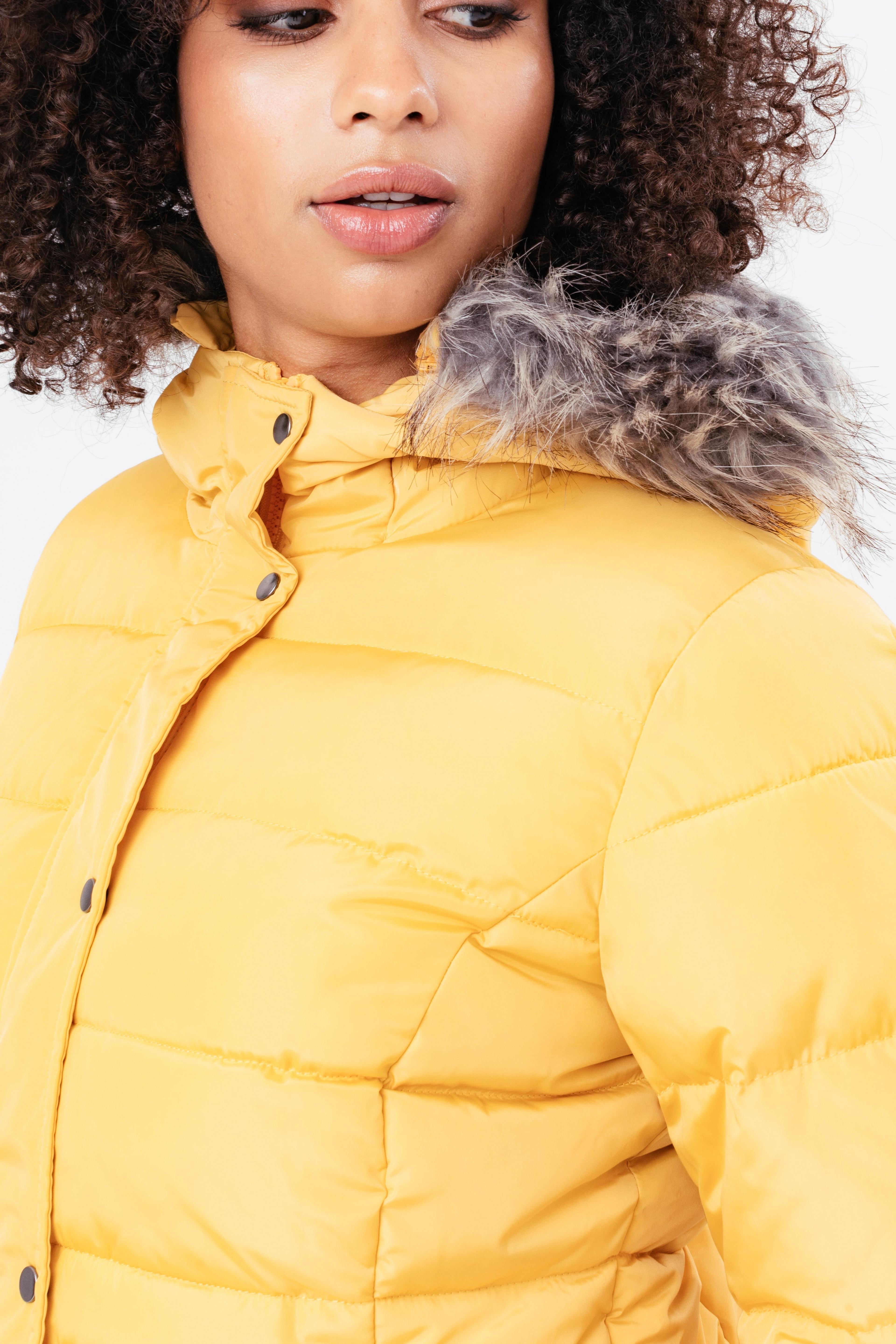 Alternate View 5 of HYPE MUSTARD SHORT LENGTH WOMEN'S PADDED COAT WITH FUR