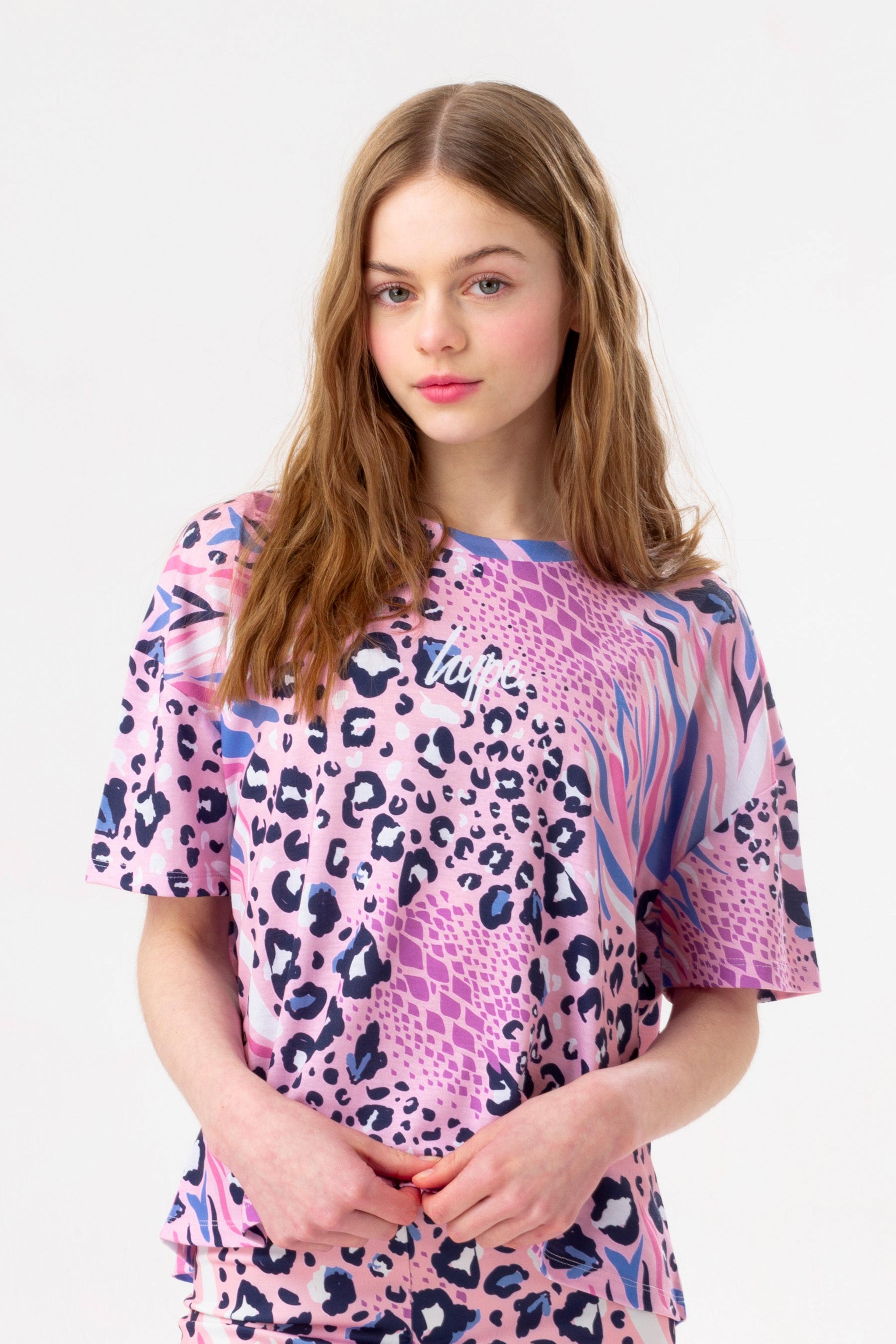HYPE GIRLS PINK ABSTRACT LEOPARD DROP SHOULDER BOXY T-SHIRT