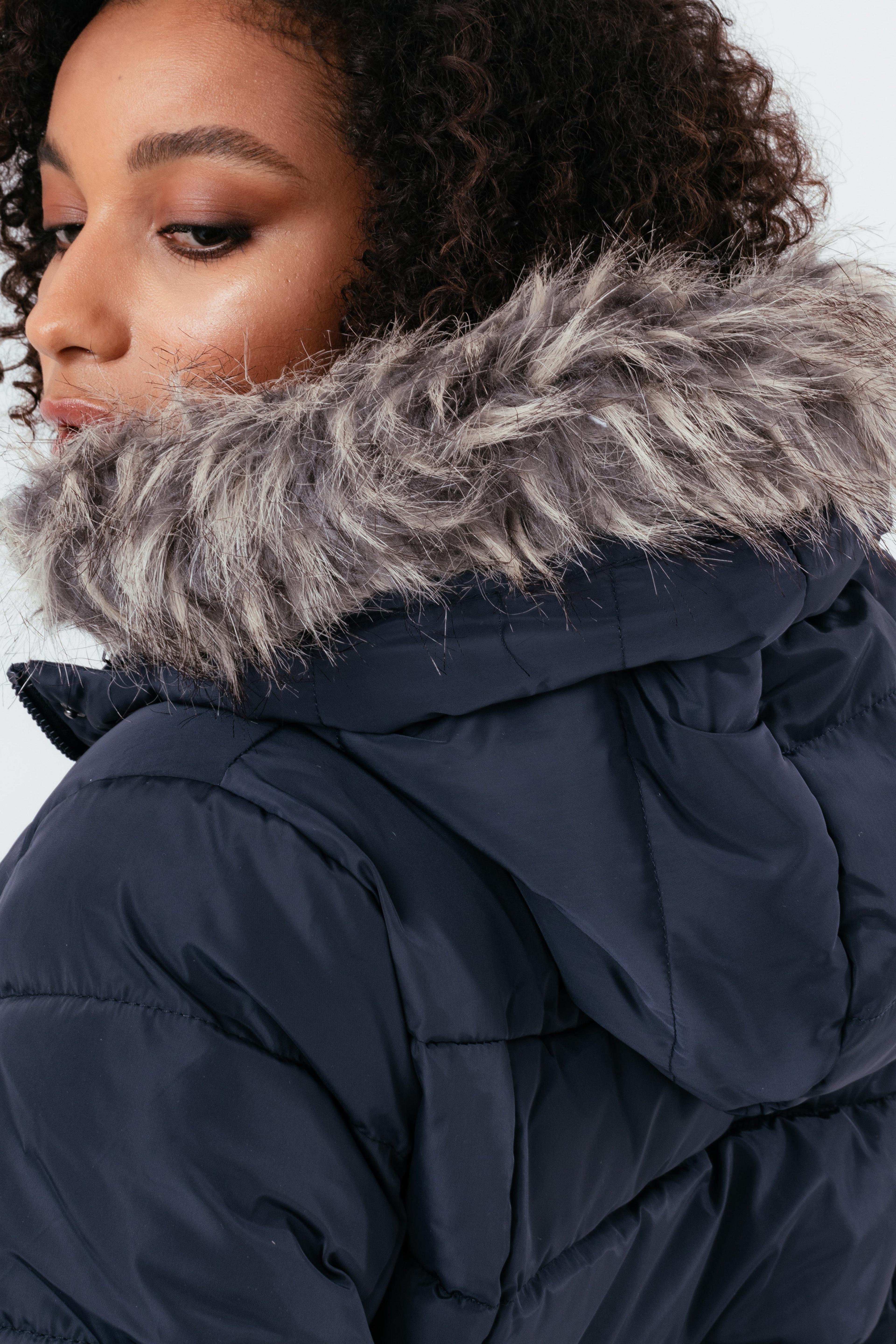 Alternate View 6 of HYPE NAVY MID LENGTH WOMEN'S PADDED COAT WITH FUR