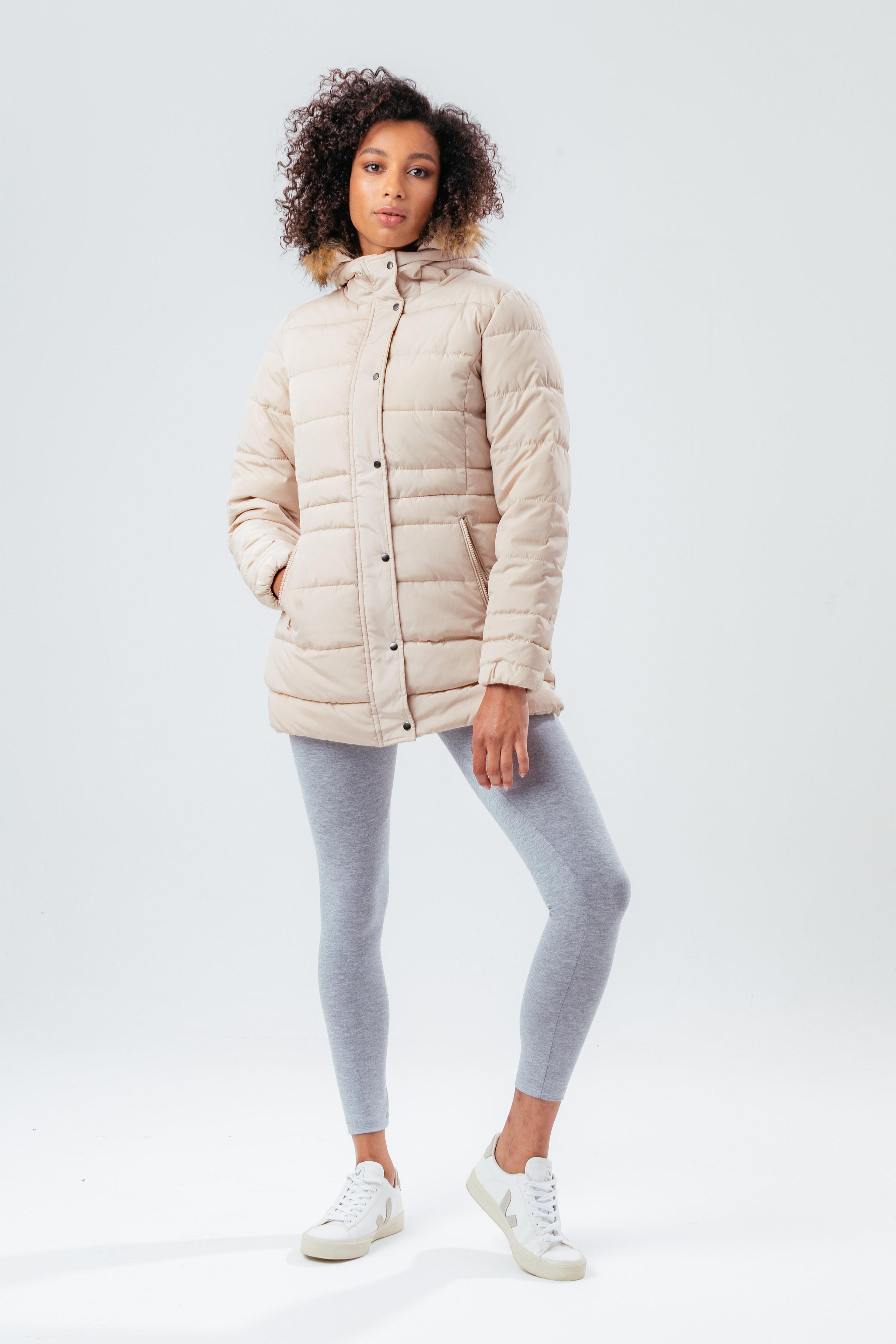 Alternate View 3 of HYPE BEIGE MID LENGTH WOMEN'S PADDED COAT WITH FUR