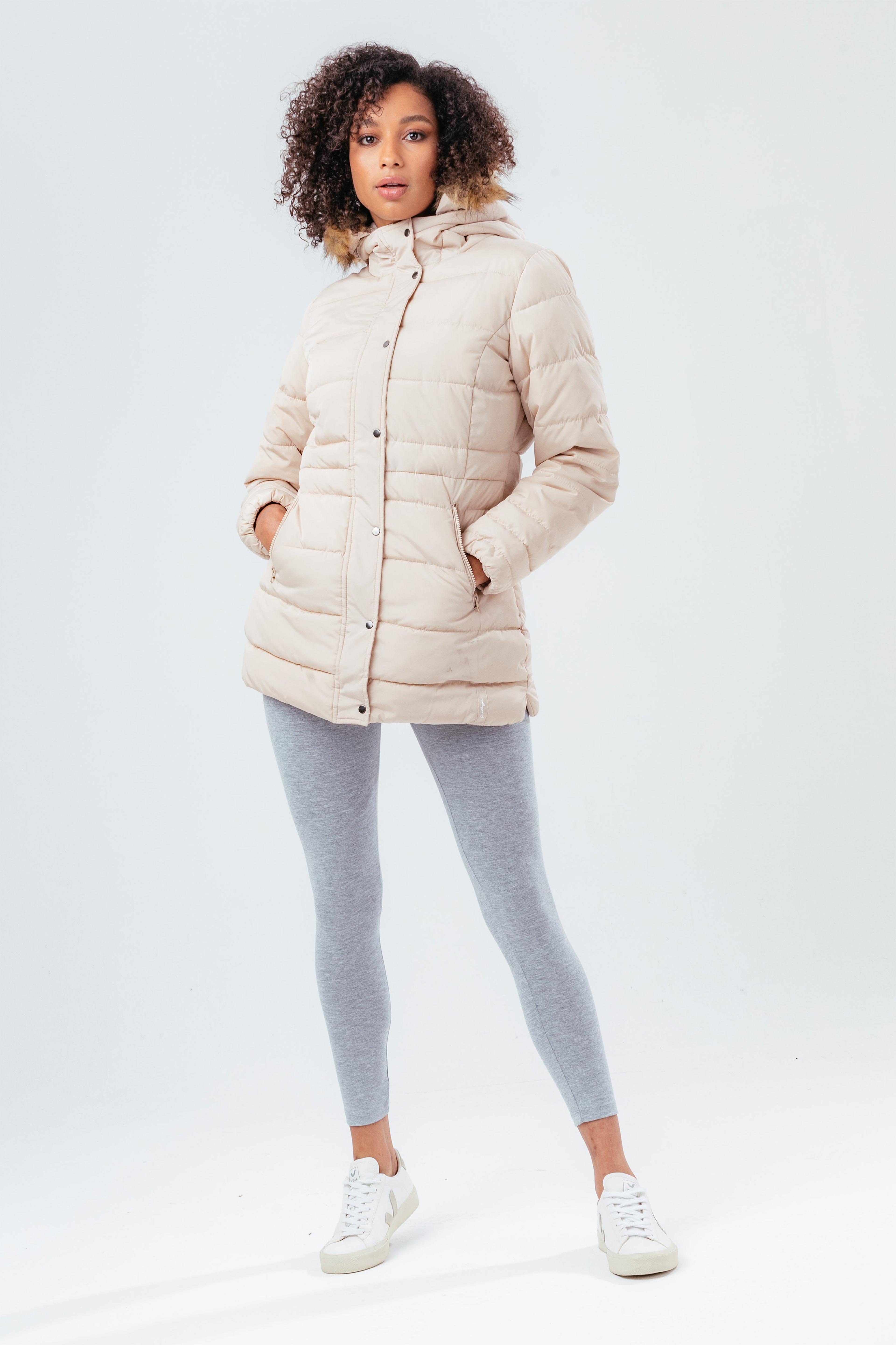 Alternate View 1 of HYPE BEIGE MID LENGTH WOMEN'S PADDED COAT WITH FUR
