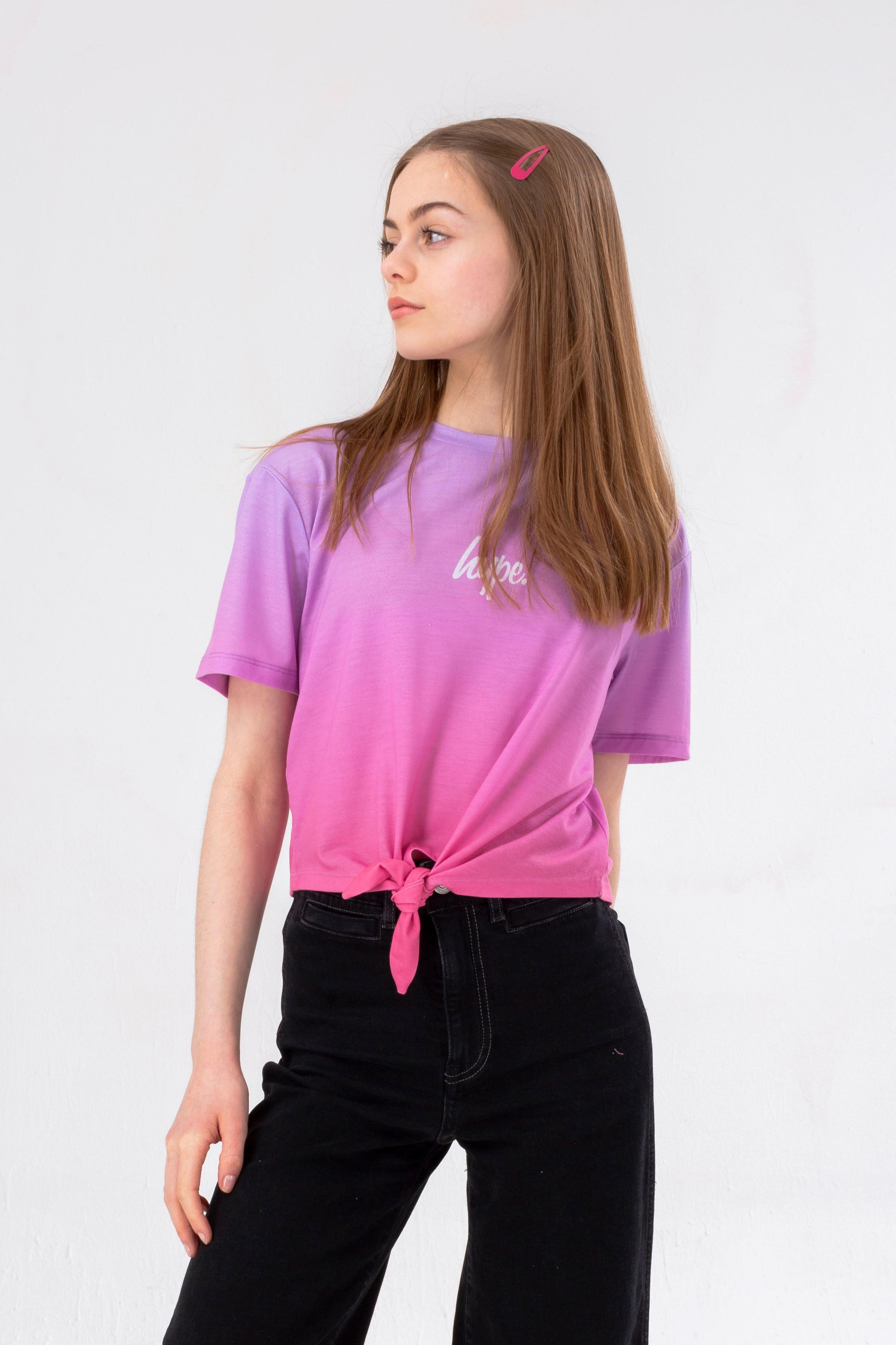 HYPE PINK PURPLE SCRIBBLE GIRLS CROPPED TIE T-SHIRT