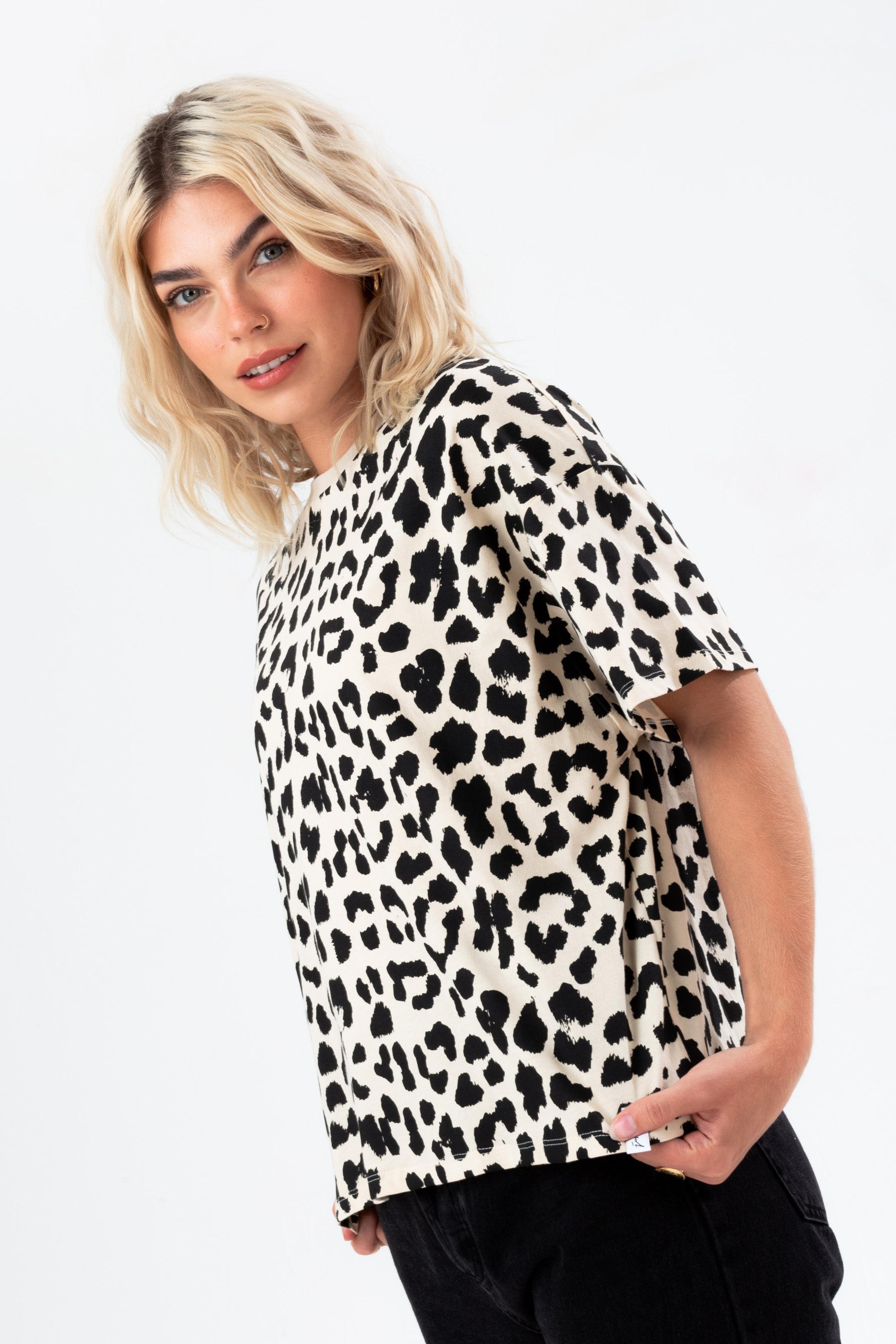 Alternate View 7 of HYPE WOMENS CREAM LEOPARD WOVEN TAB SCRIBBLE BOXY T-SHIRT