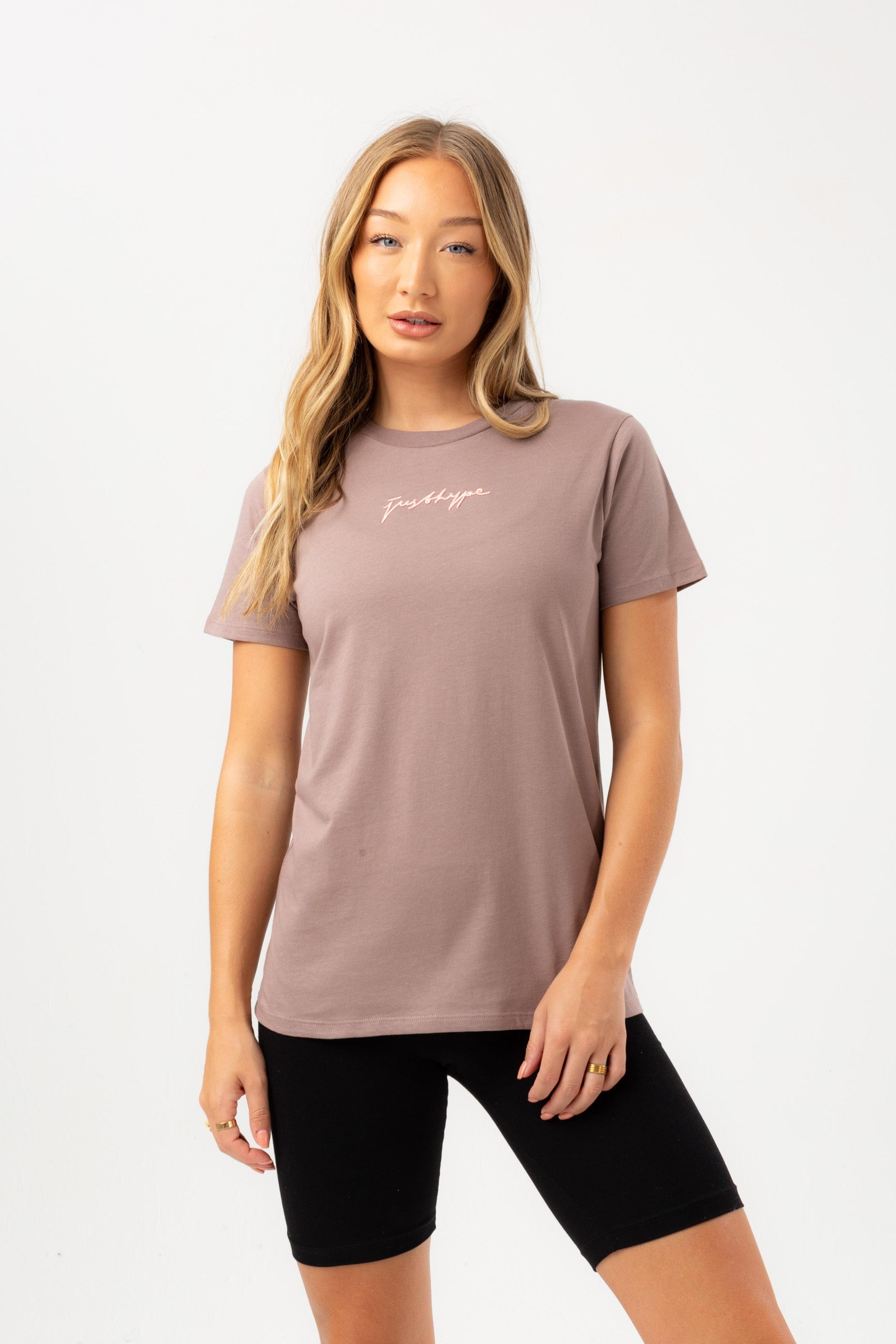 HYPE WOMENS BROWN SCRIBBLE EMBROIDERY BOXY T-SHIRT