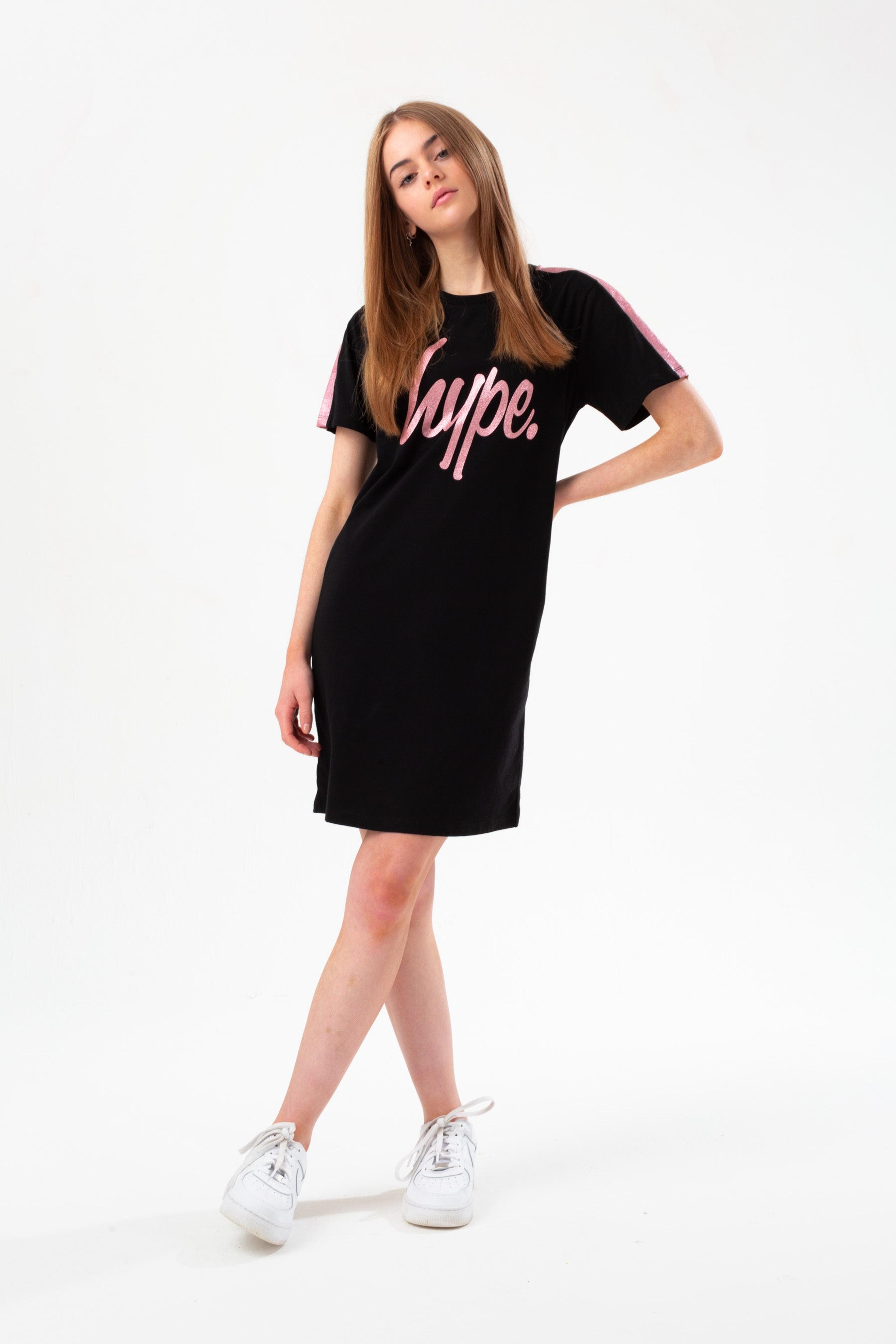 Alternate View 1 of HYPE GIRLS BLACK PINK PANEL SCRIPT T-SHIRT DRESS
