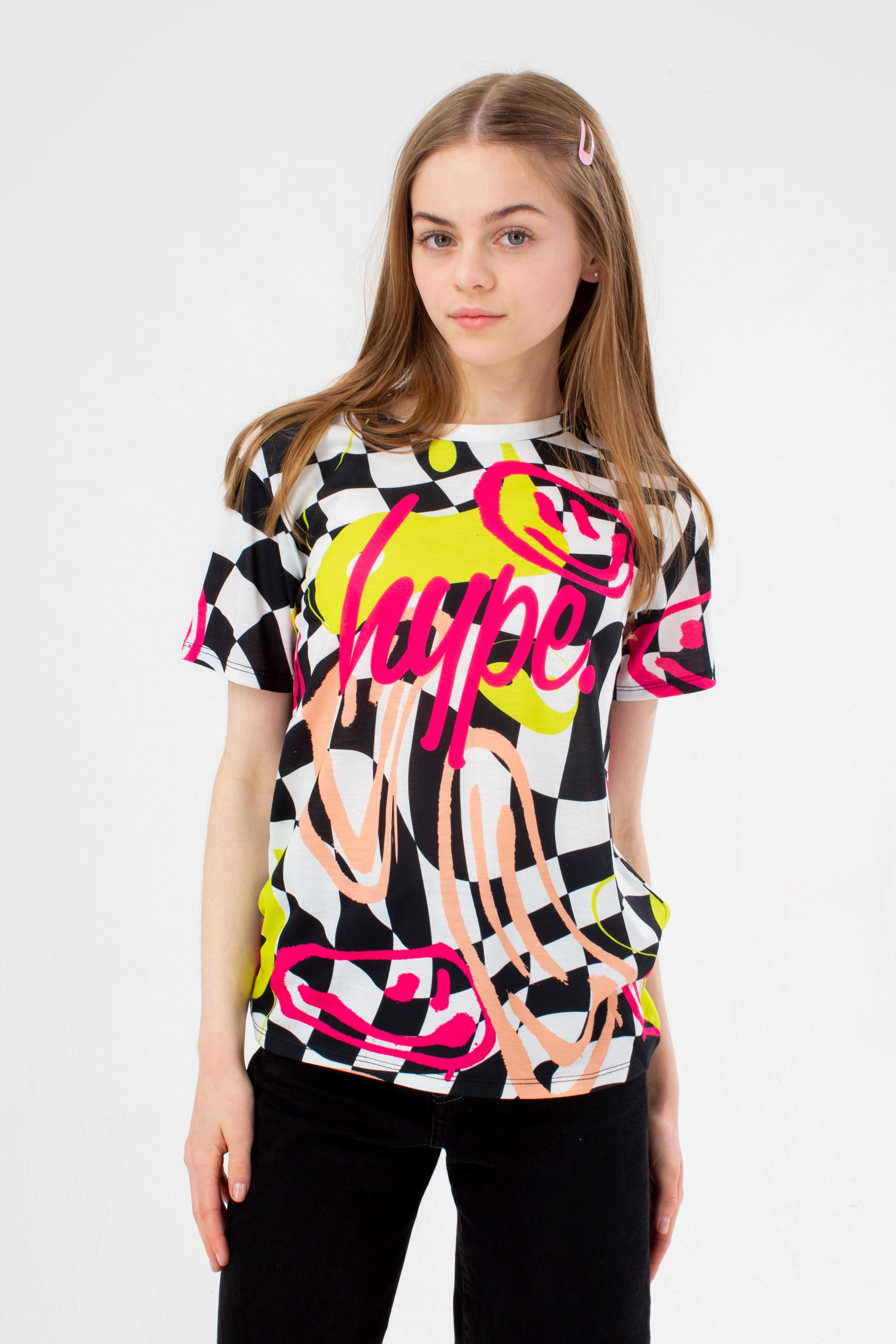 HYPE GIRLS PINK SMILEY WAVE CHECK SCRIPT T-SHIRT