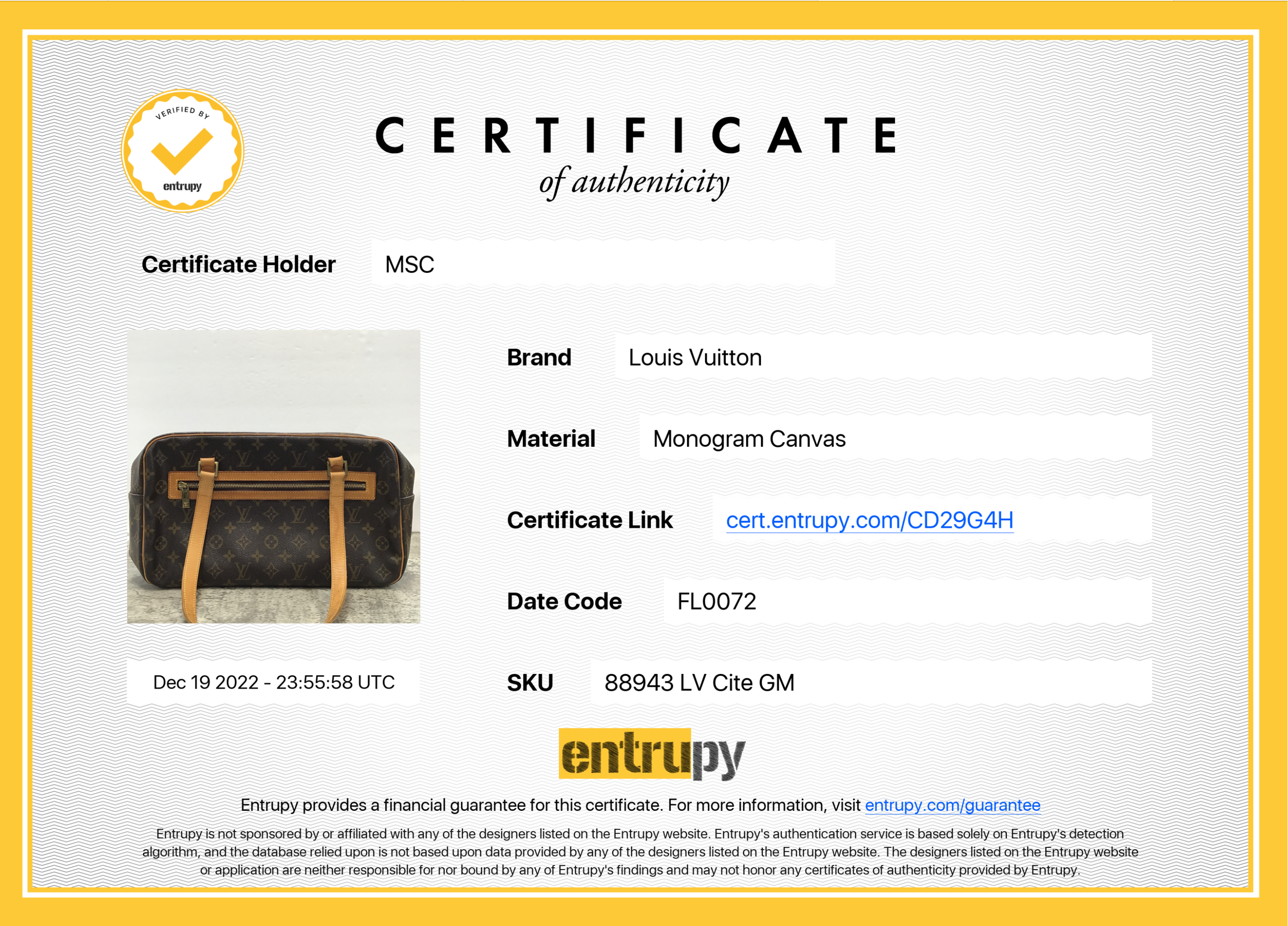 Louis Vuitton Authentication Certificate