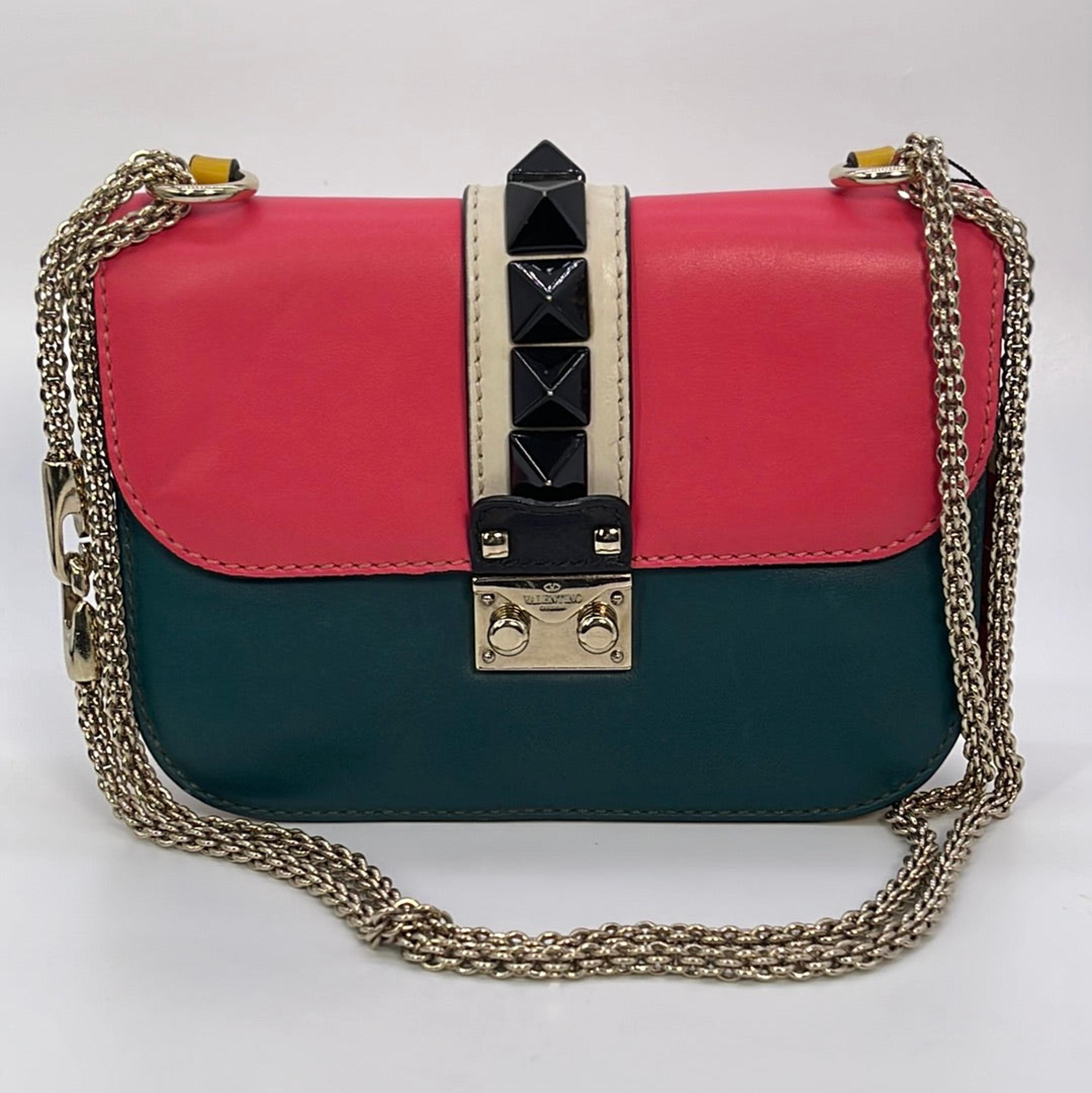 Valentino Red Leather Small Rockstud Glam Lock Flap Bag