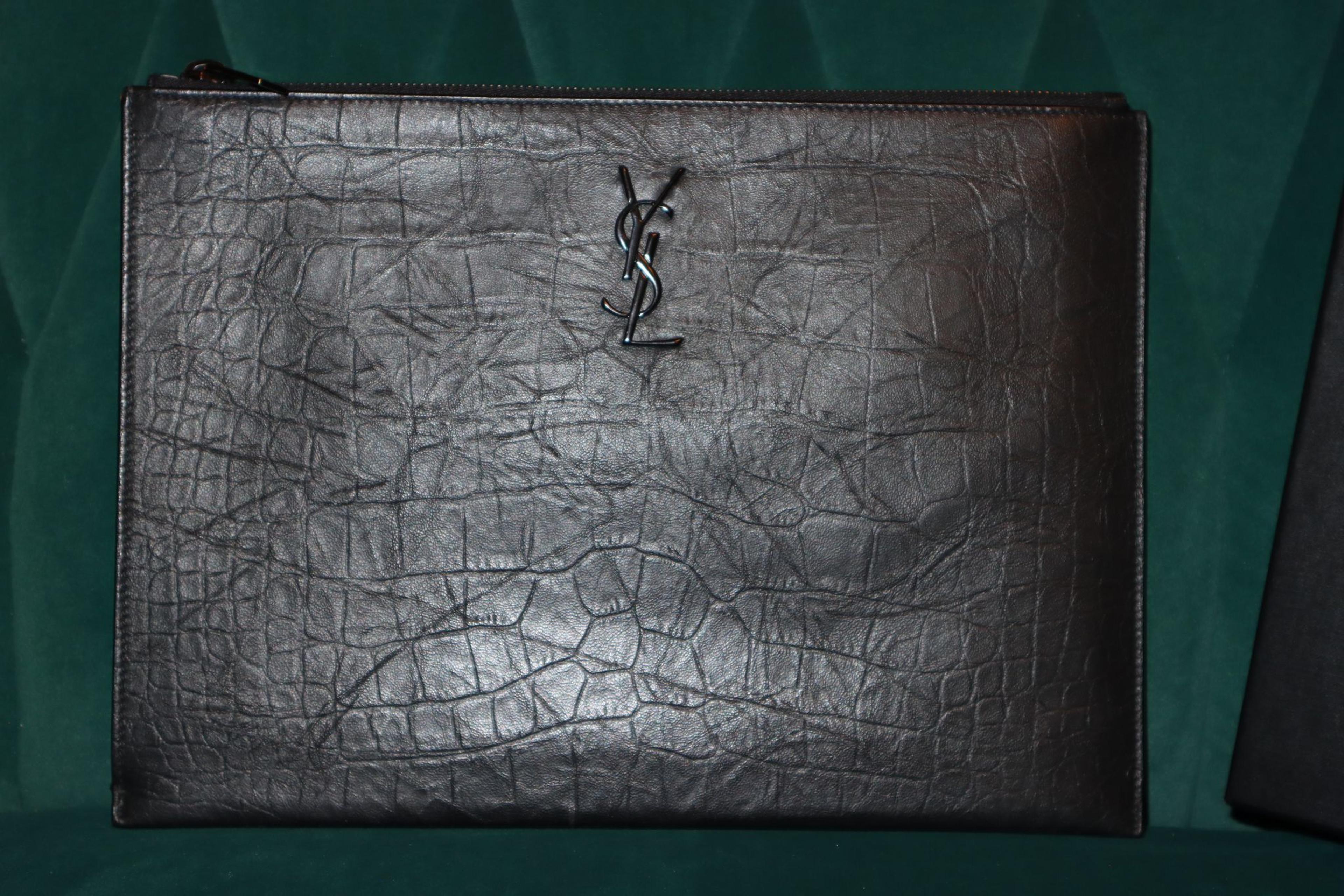 Alternate View 1 of Saint Laurent Black Croc Embossed Leather Monogram Pouch Small