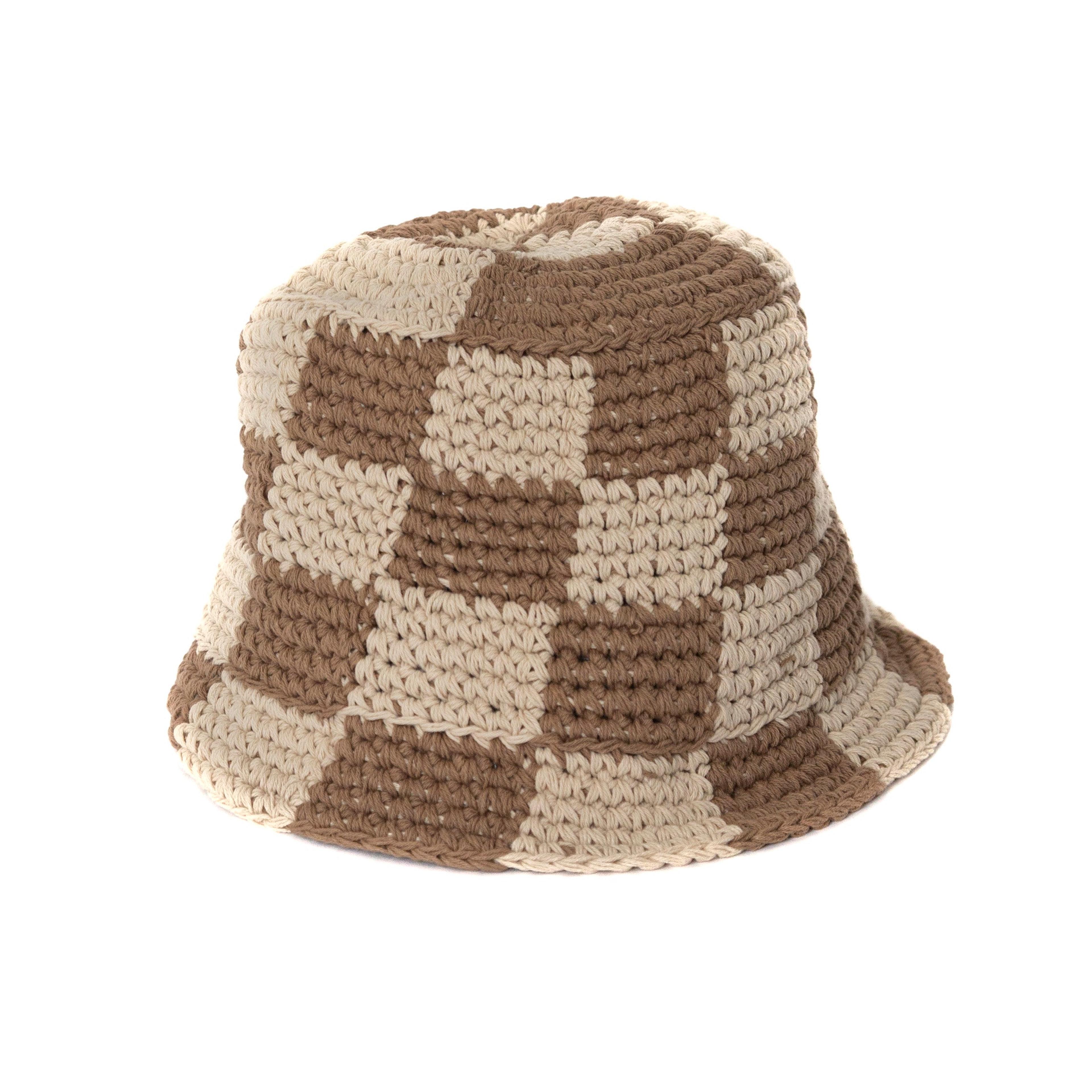 Checkerboard Crochet Brown Bucket Hat