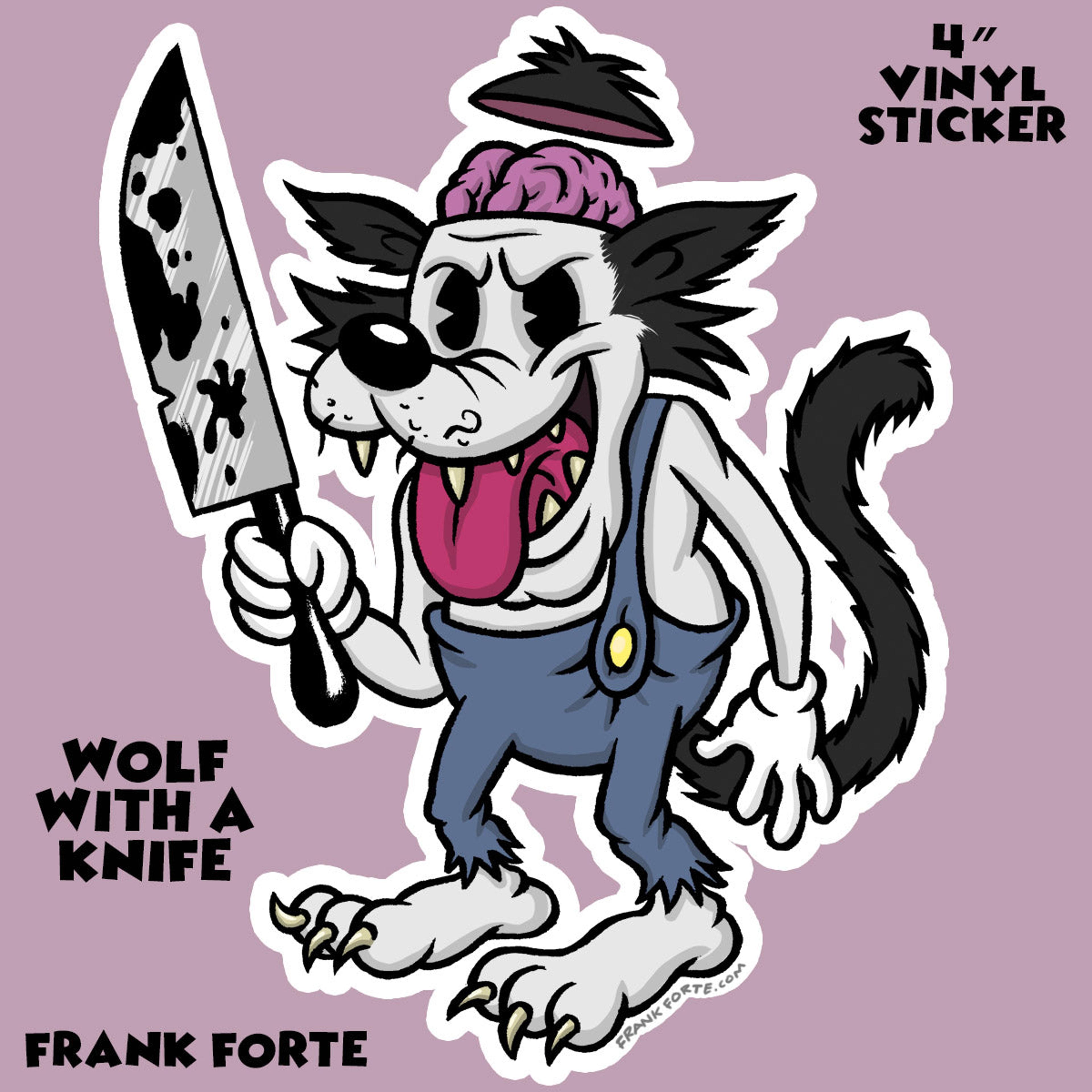 Cartoon Creepies Wolf with a Knife 4" Die Cut Vinyl Sticker