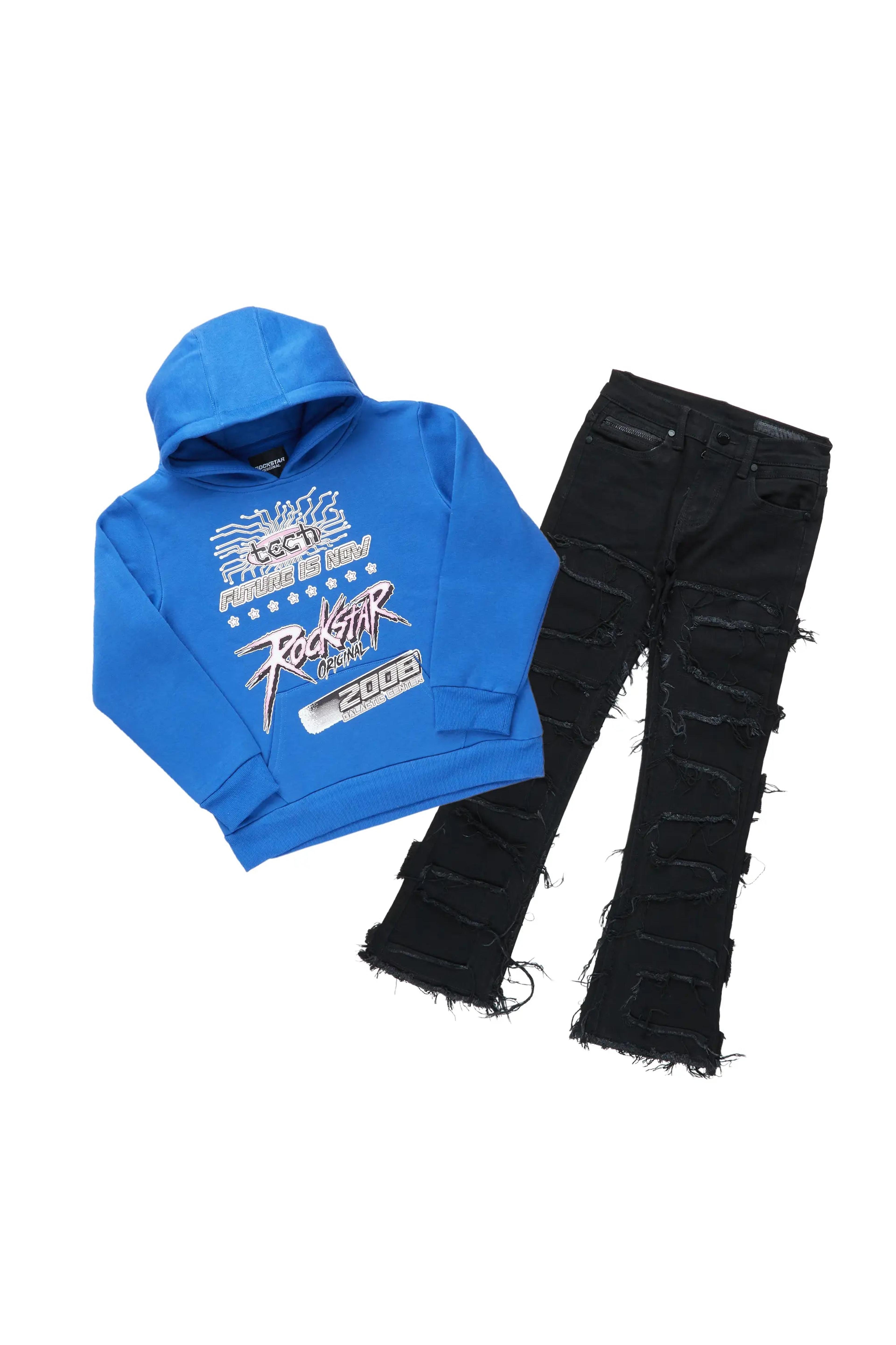 Boys Eduardo Royal Blue Hoodie/Black Stacked Jean Set