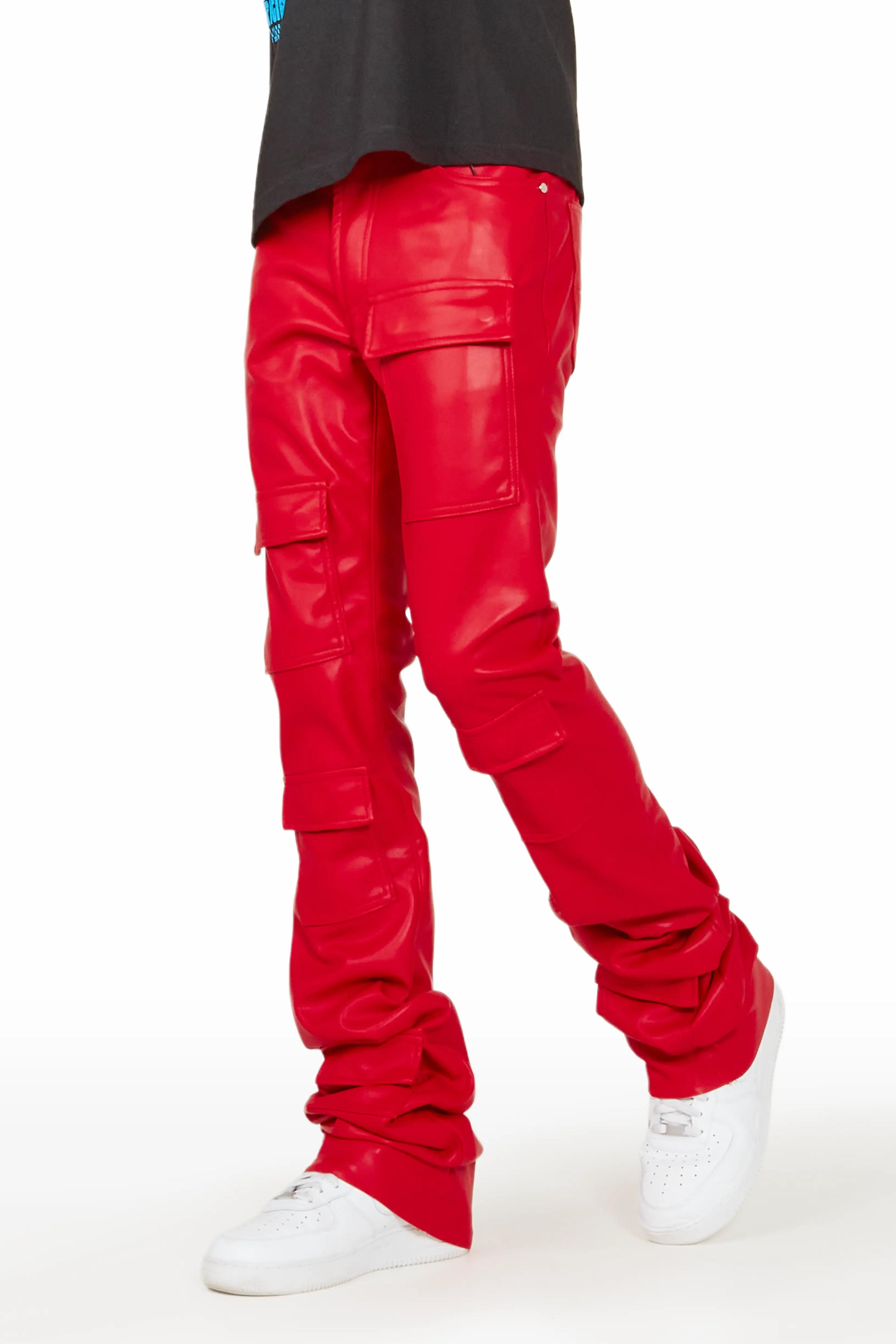 Petrus Red Faux Leather Super Stacked Flare Jean