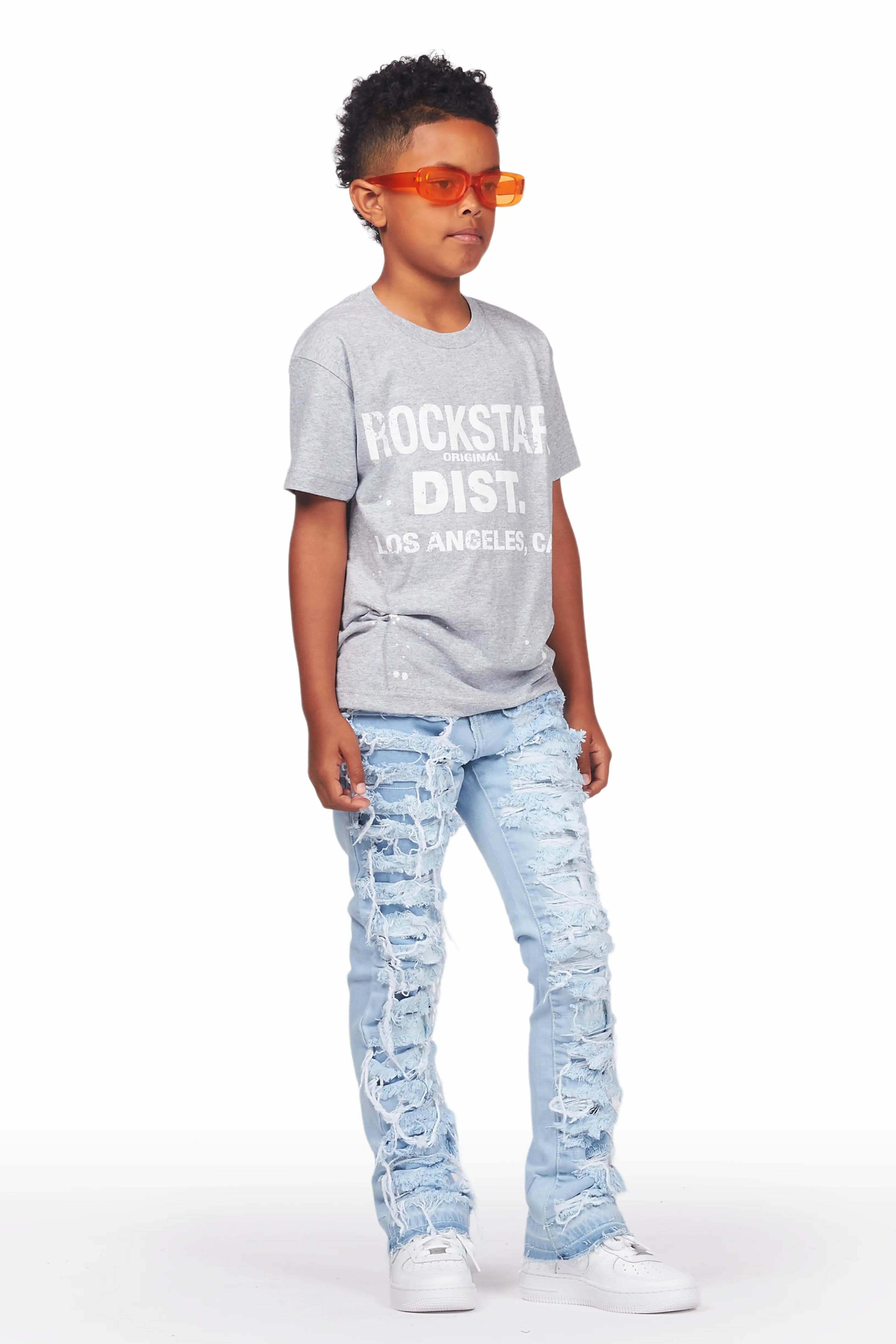 Alternate View 3 of Boys Folly Grey/Blue T-Shirt/Stacked Flare Jean Set