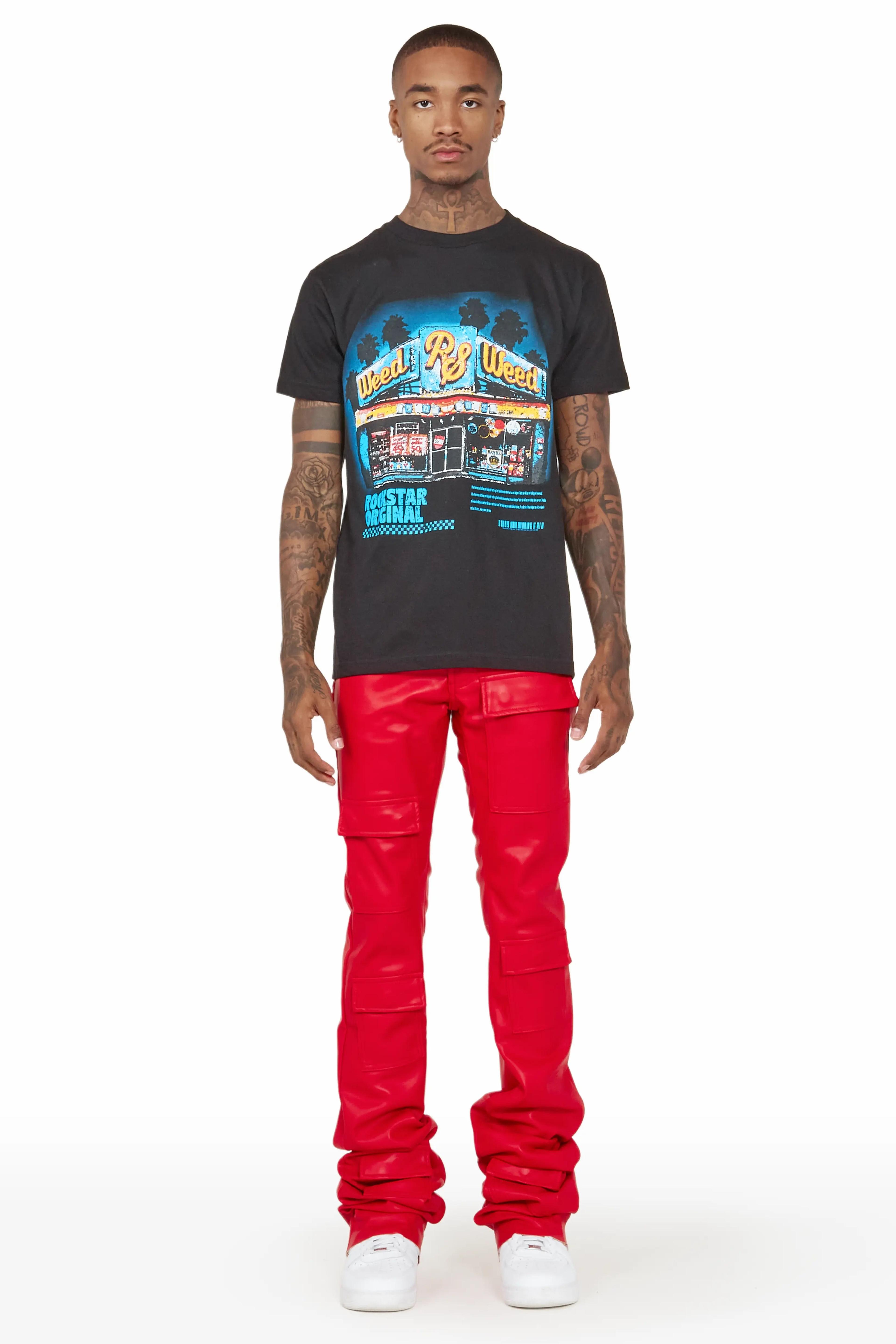 Alternate View 1 of Petrus Red Faux Leather Super Stacked Flare Jean