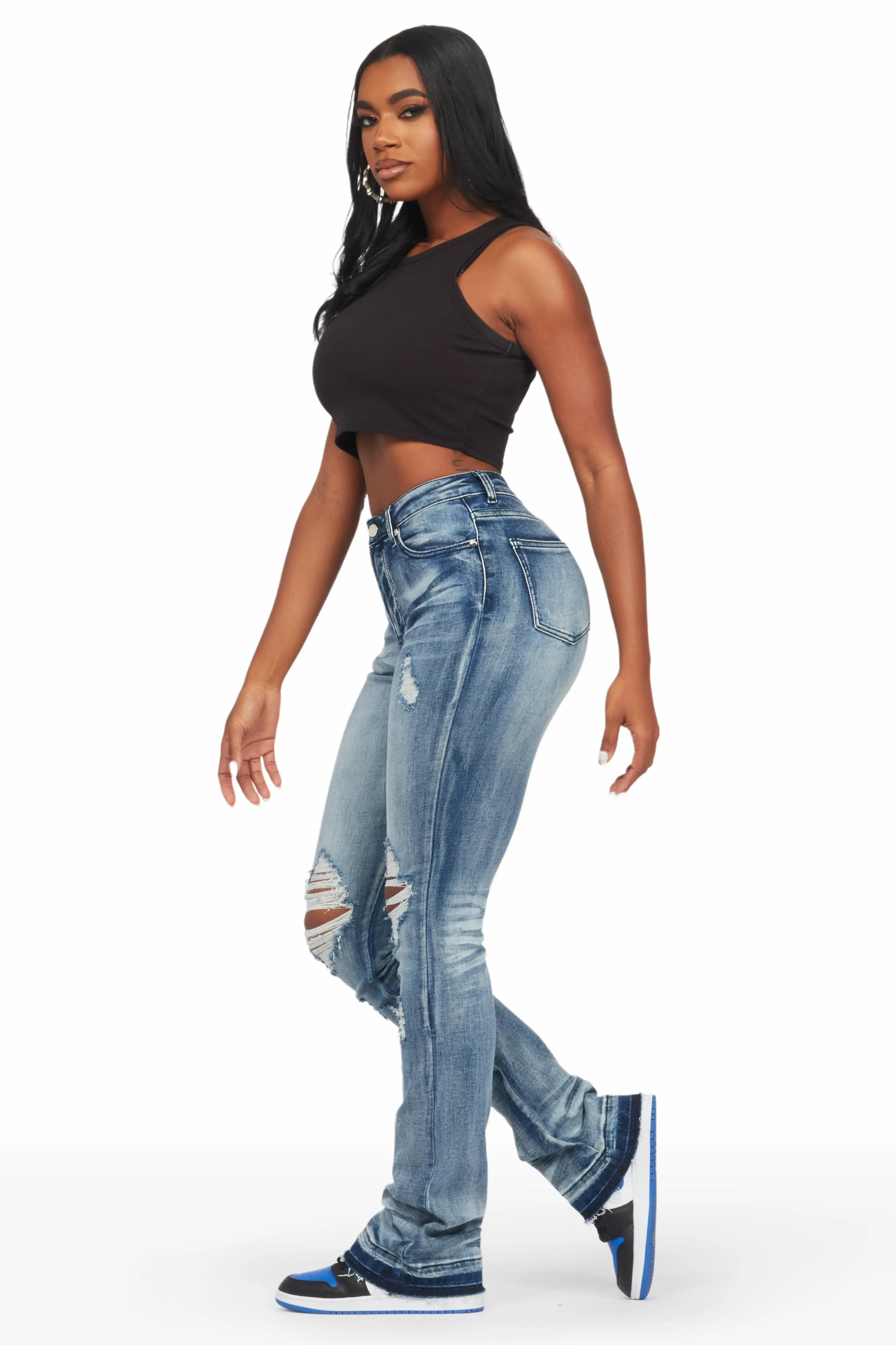 Alternate View 1 of Leilany Dark Wash Stacked Flare Jean
