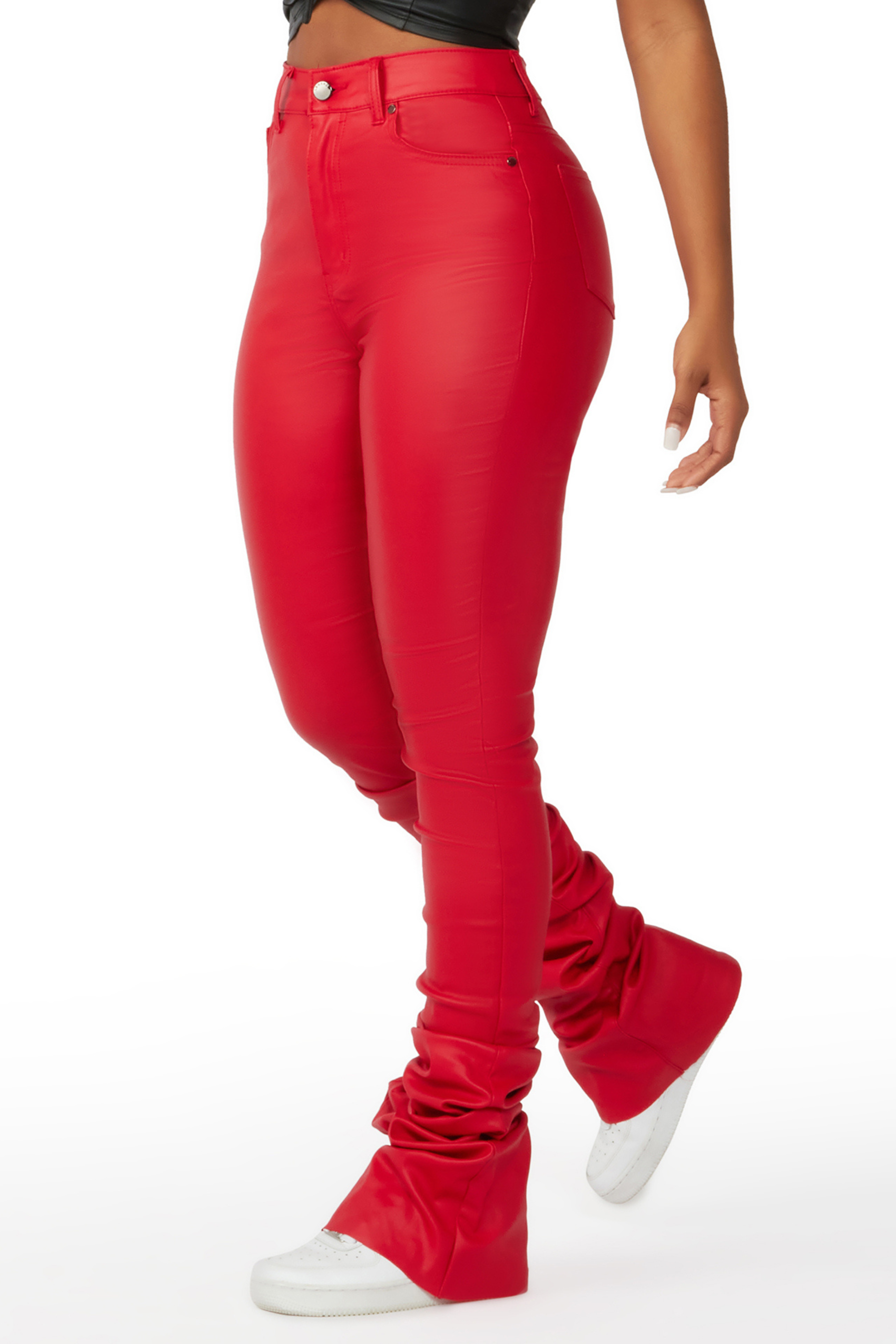 Alternate View 1 of Pay Attention Red PU Super Stacked Flare Pant