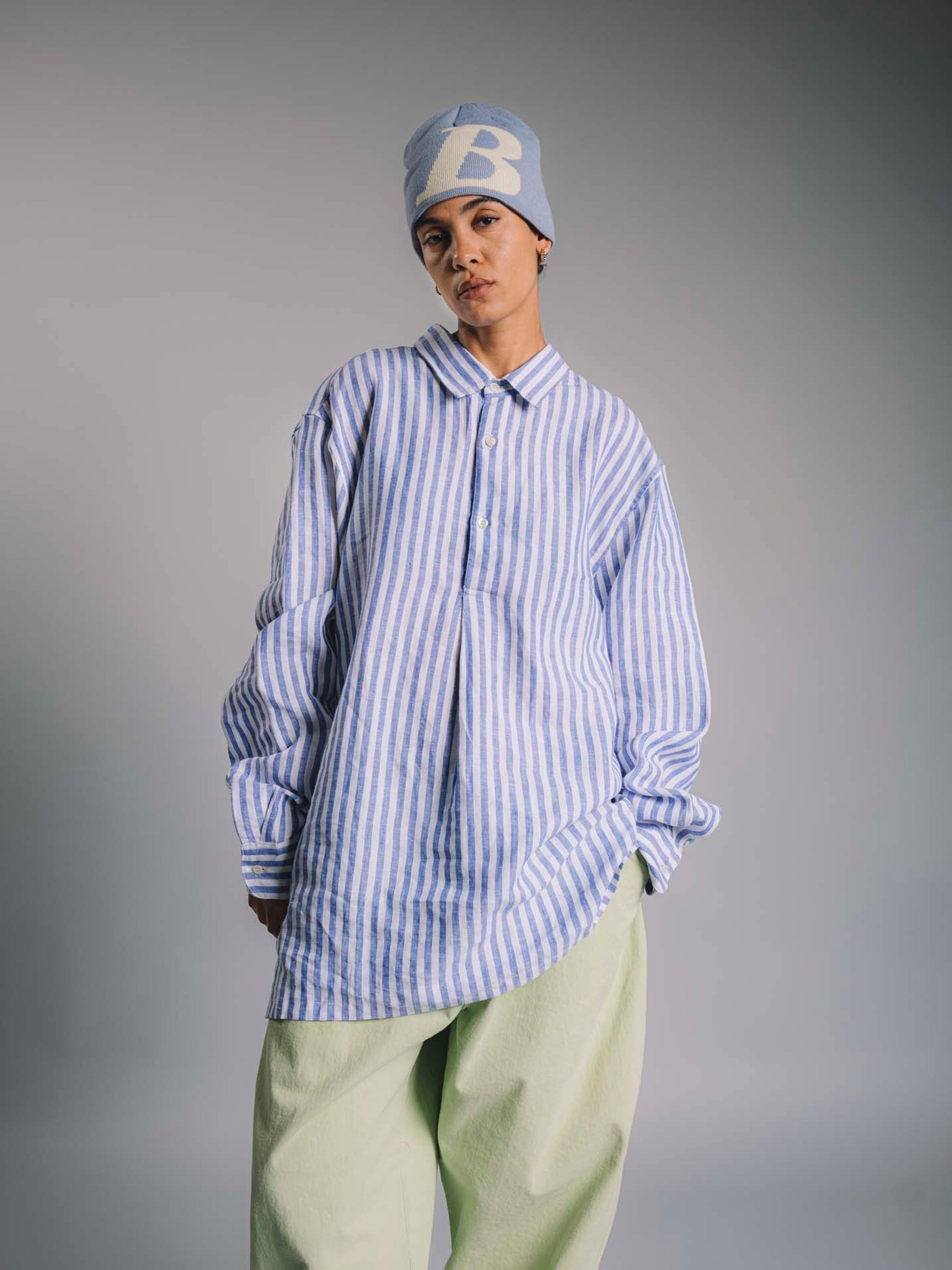 Alternate View 3 of YC Long Popover Shirt - Striped Blue