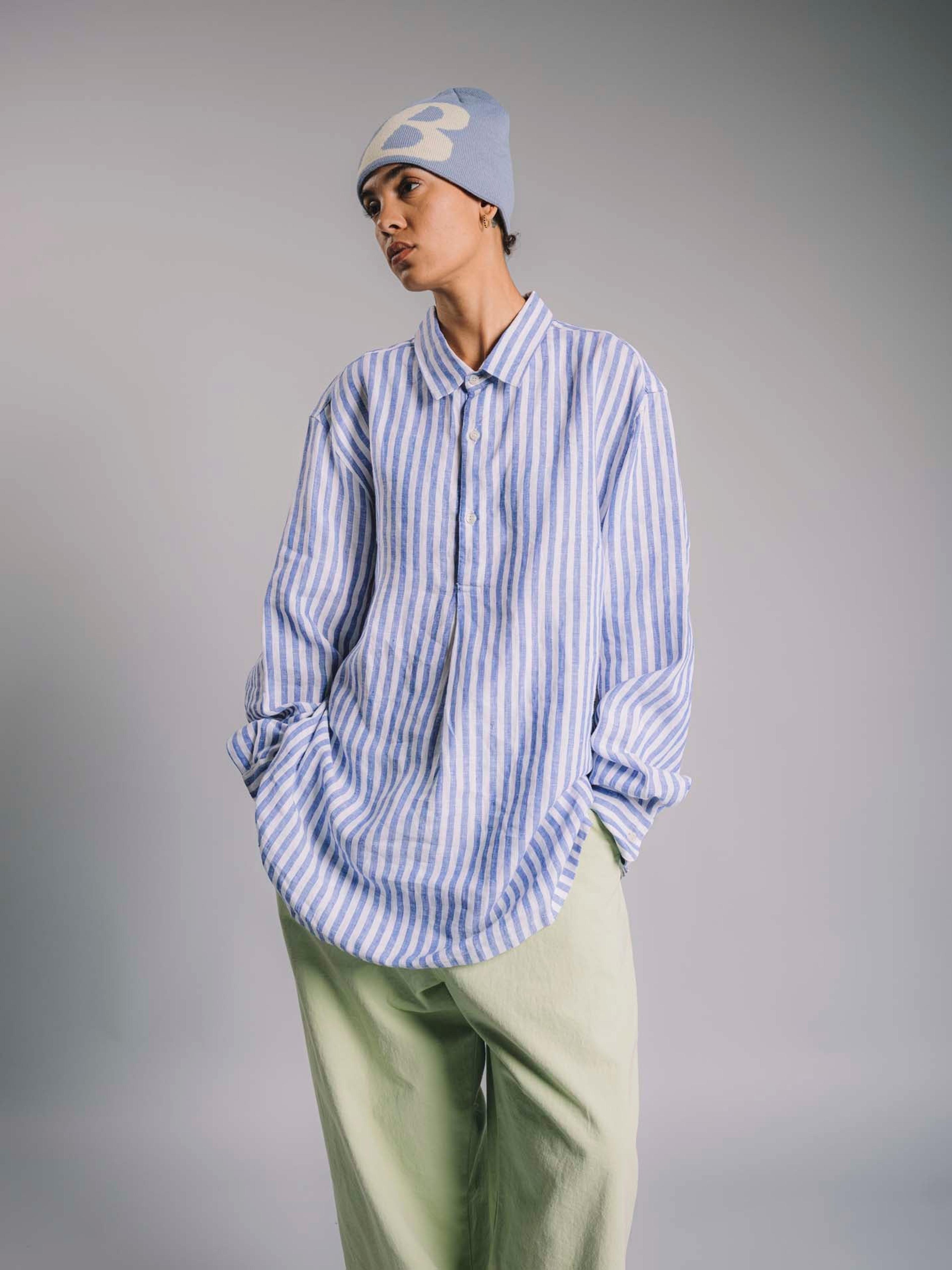 Alternate View 4 of YC Long Popover Shirt - Striped Blue