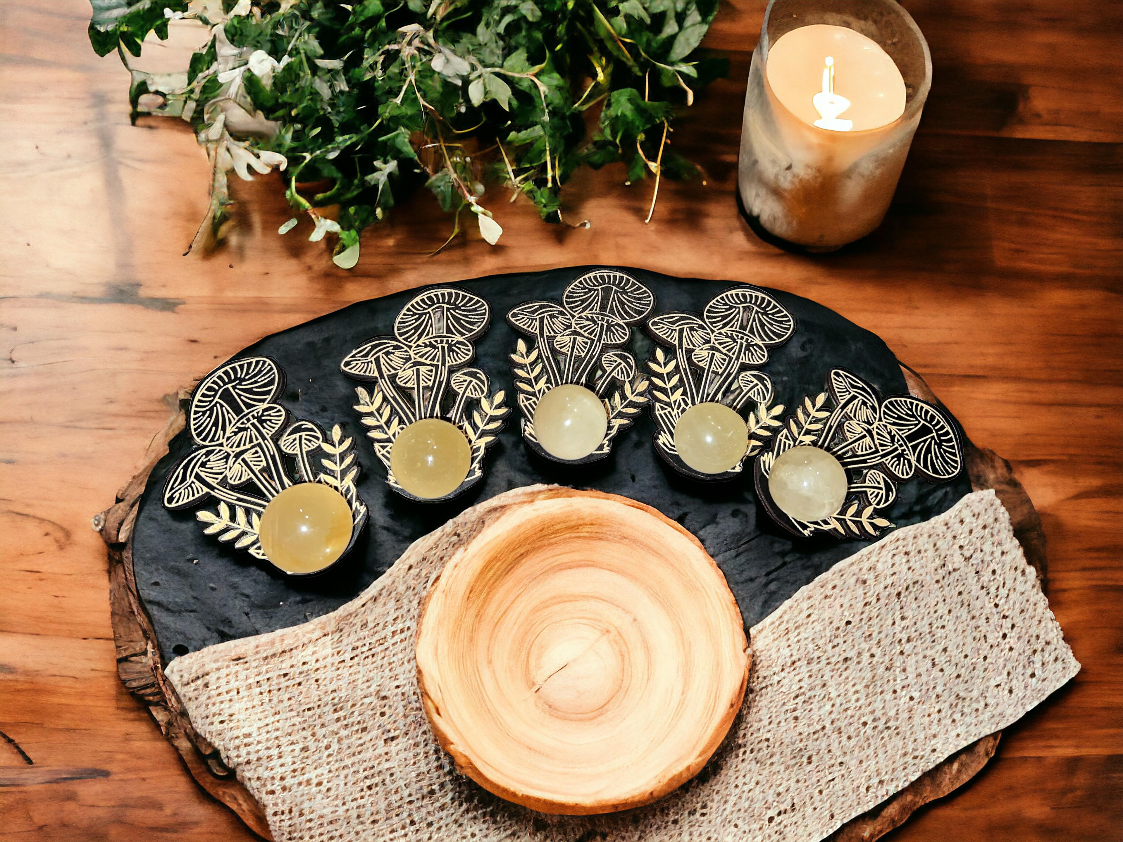 Honey calcite mini sphere with wooden holder 