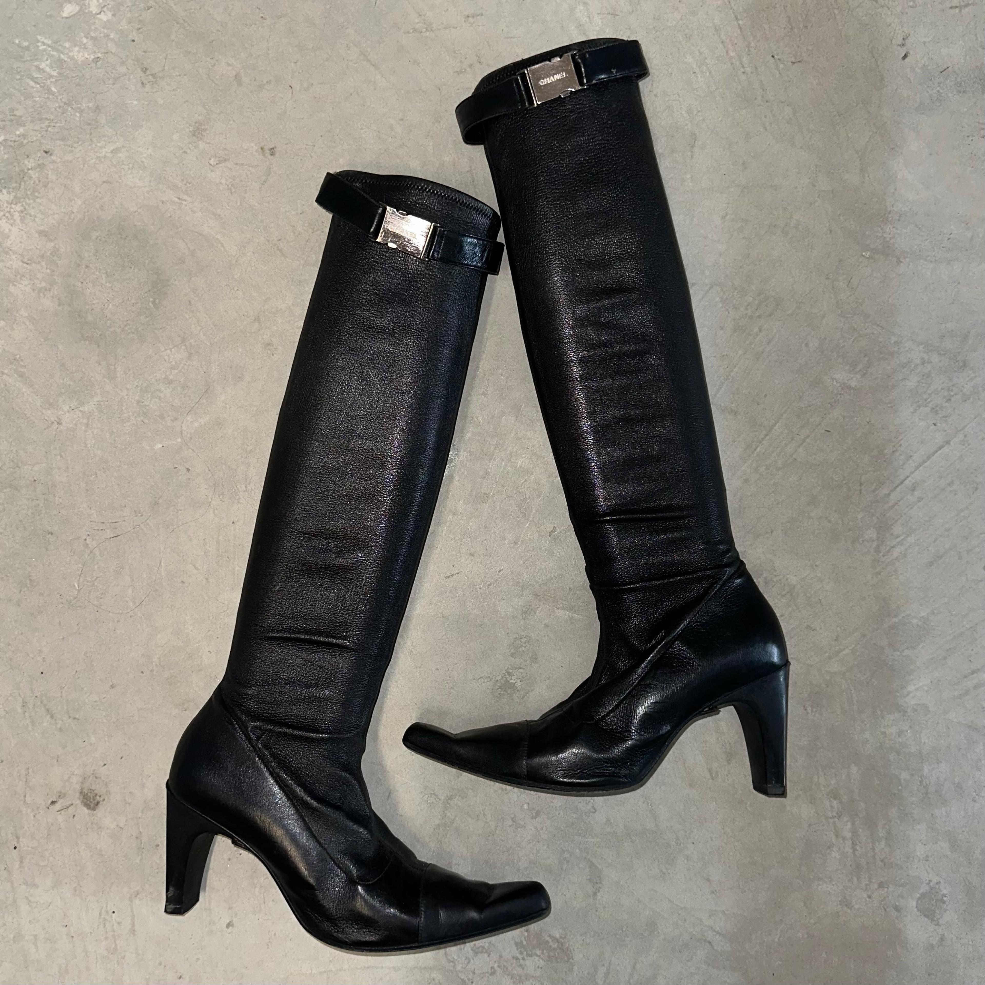 Chanel Leather Knee High Boots with Buckle Detail (38-39) – Guzzi